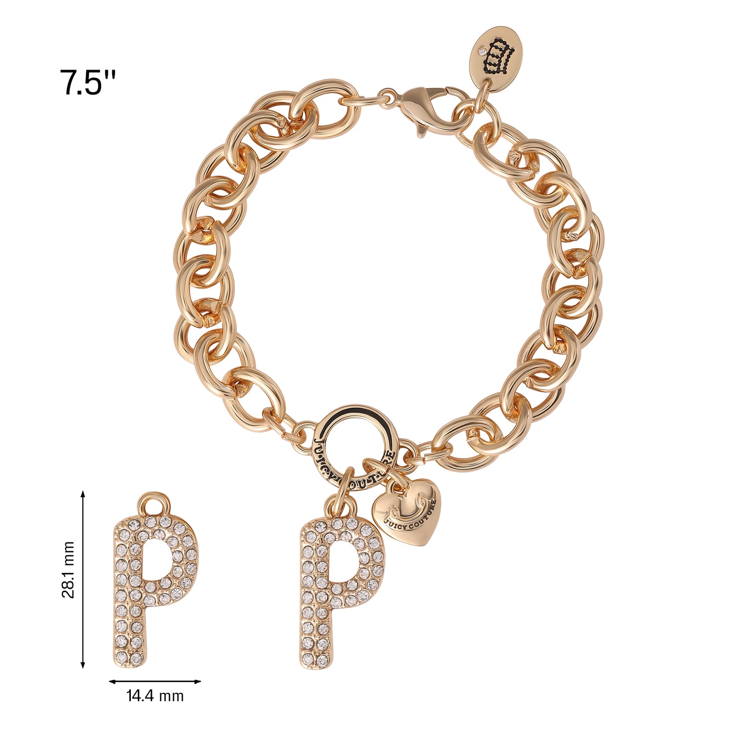 Juicy Couture Pavé Initial Charm Bracelet - 7.5'' Gold Tone Link - P