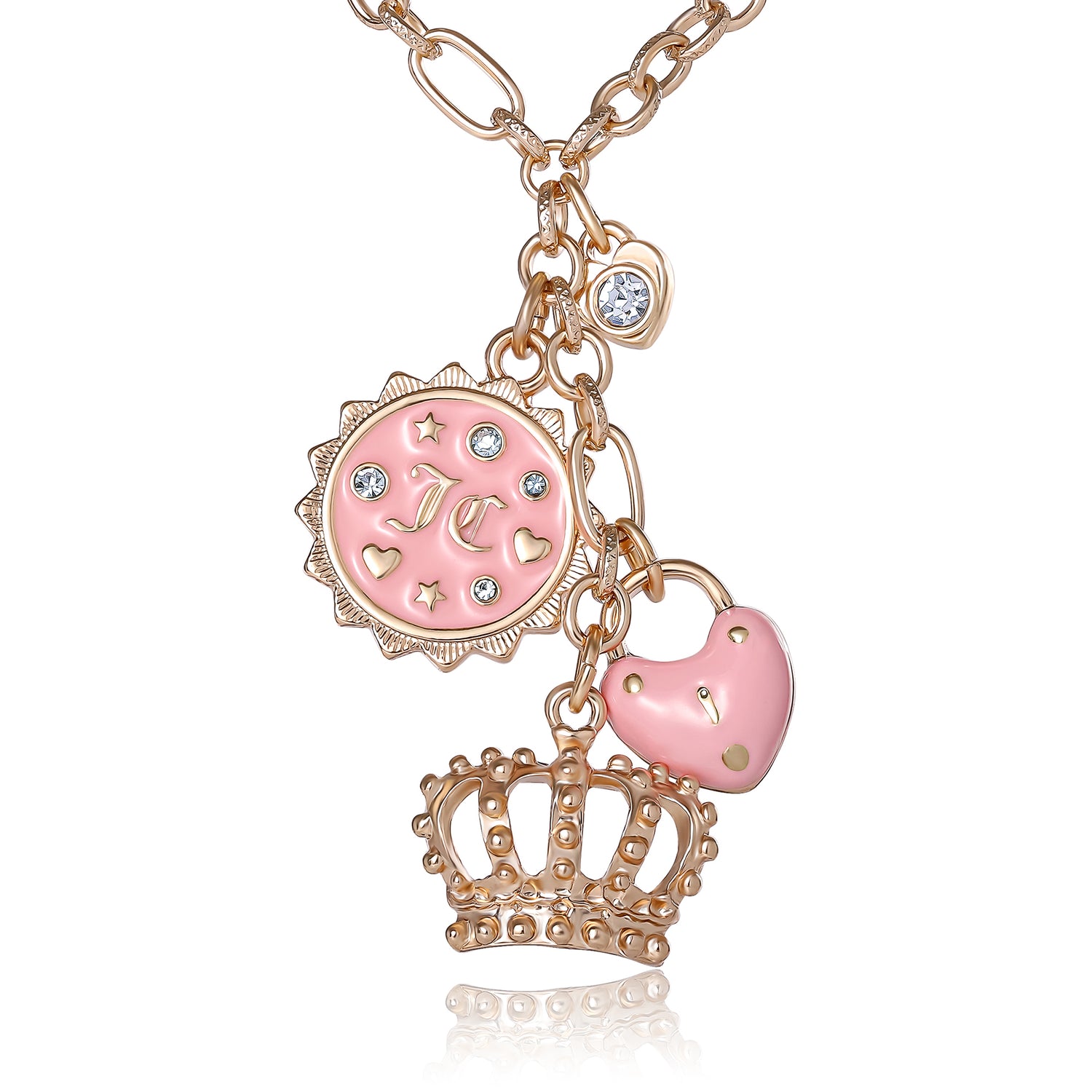 Juicy Couture Gold-Tone Layered Charm Necklace with Pink Enamel Accents