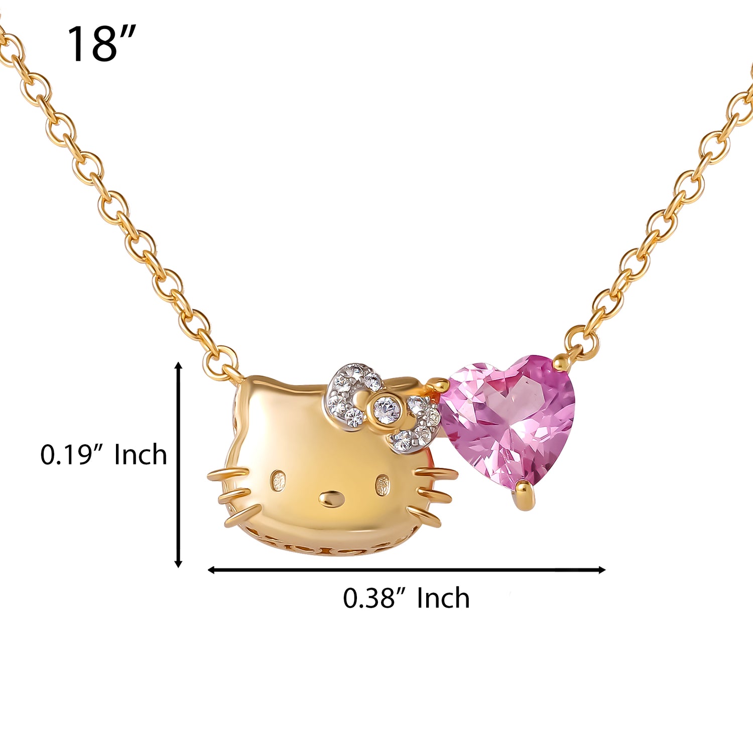 Hello Kitty Face and Heart Necklace 18", Yellow Gold-Plated Sterling Silver with Created Pink & White Sapphire, Official License