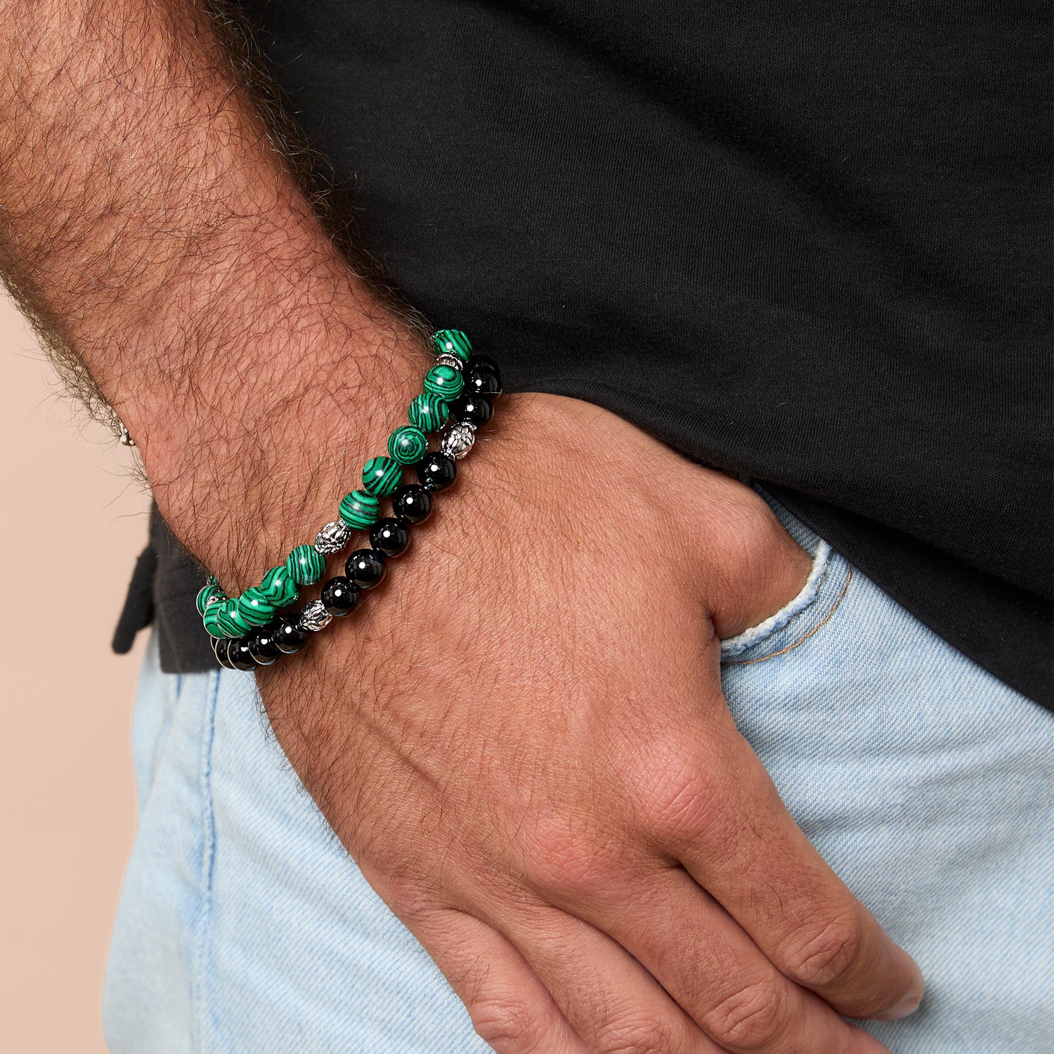 SALLY ROSE Mens Beaded Black Bracelet 2 Pieces, Stretch Mens Bracelets Beads 8mm Black Onyx and Snowflake Obsidian