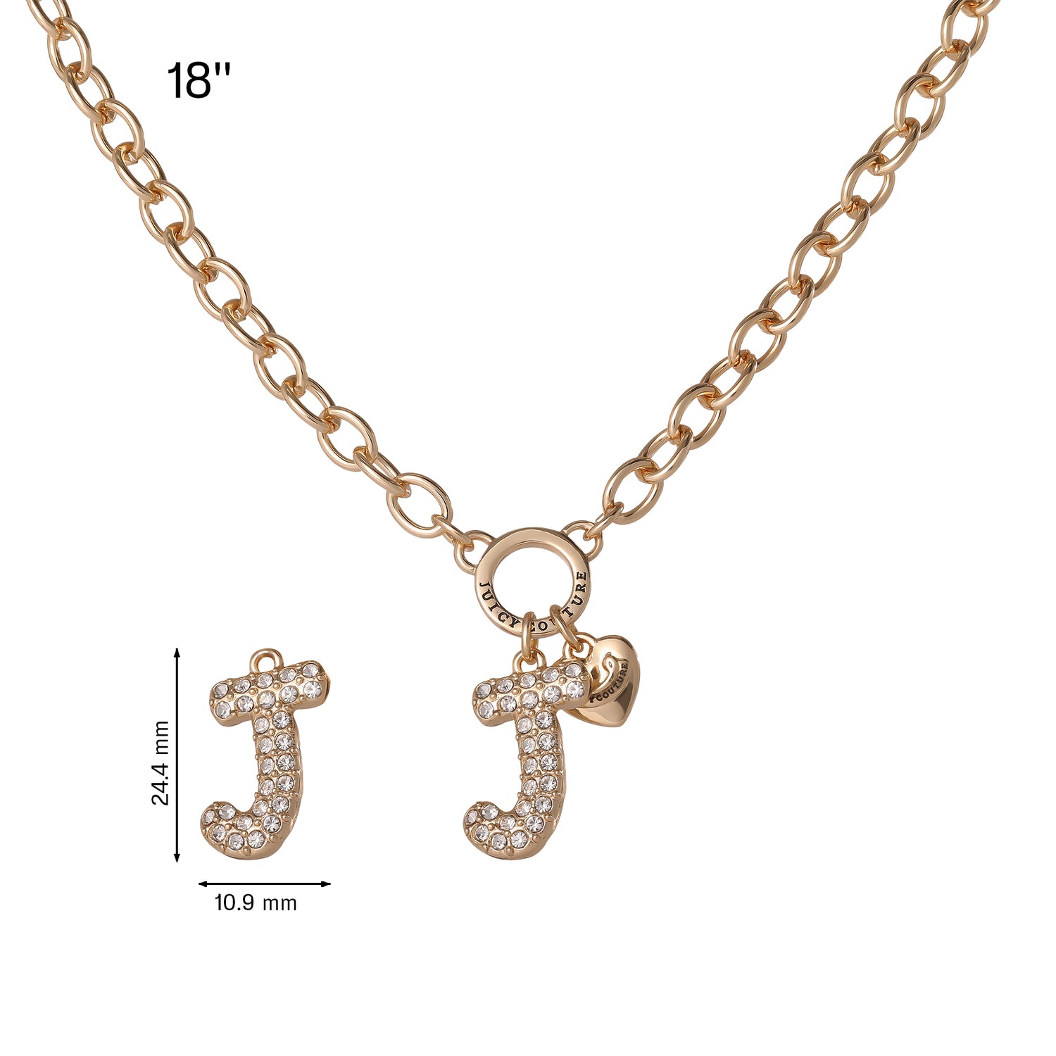 Juicy Couture Bubble Letter Necklace for Women with Clear Stones 18"+2", Chunky Initial Necklace Gold-Tone - J