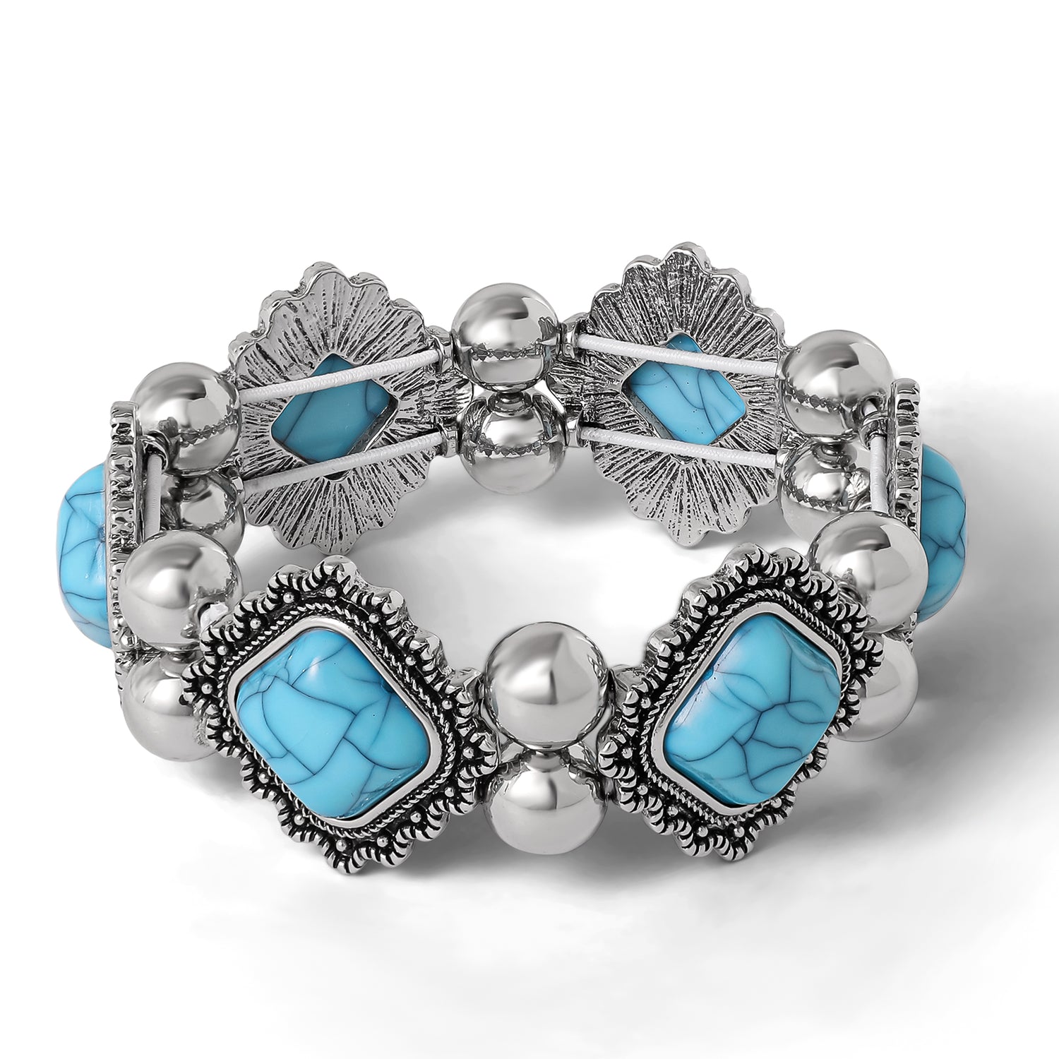 Jessica Simpson Turquoise and Silver Stretch Bracelet with Western Motif