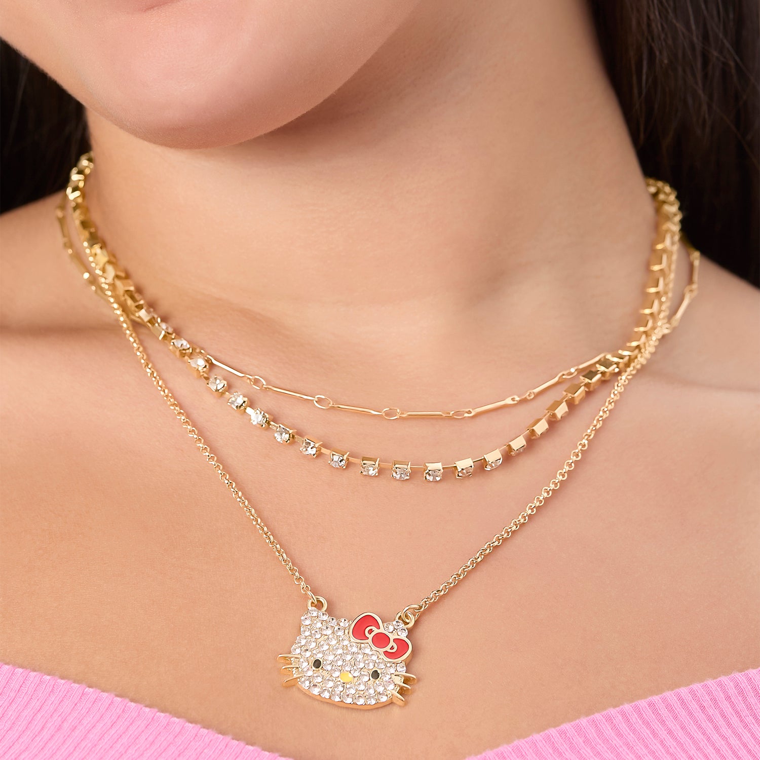 Hello Kitty Double Chain Necklace with Crystal Embellished Charm