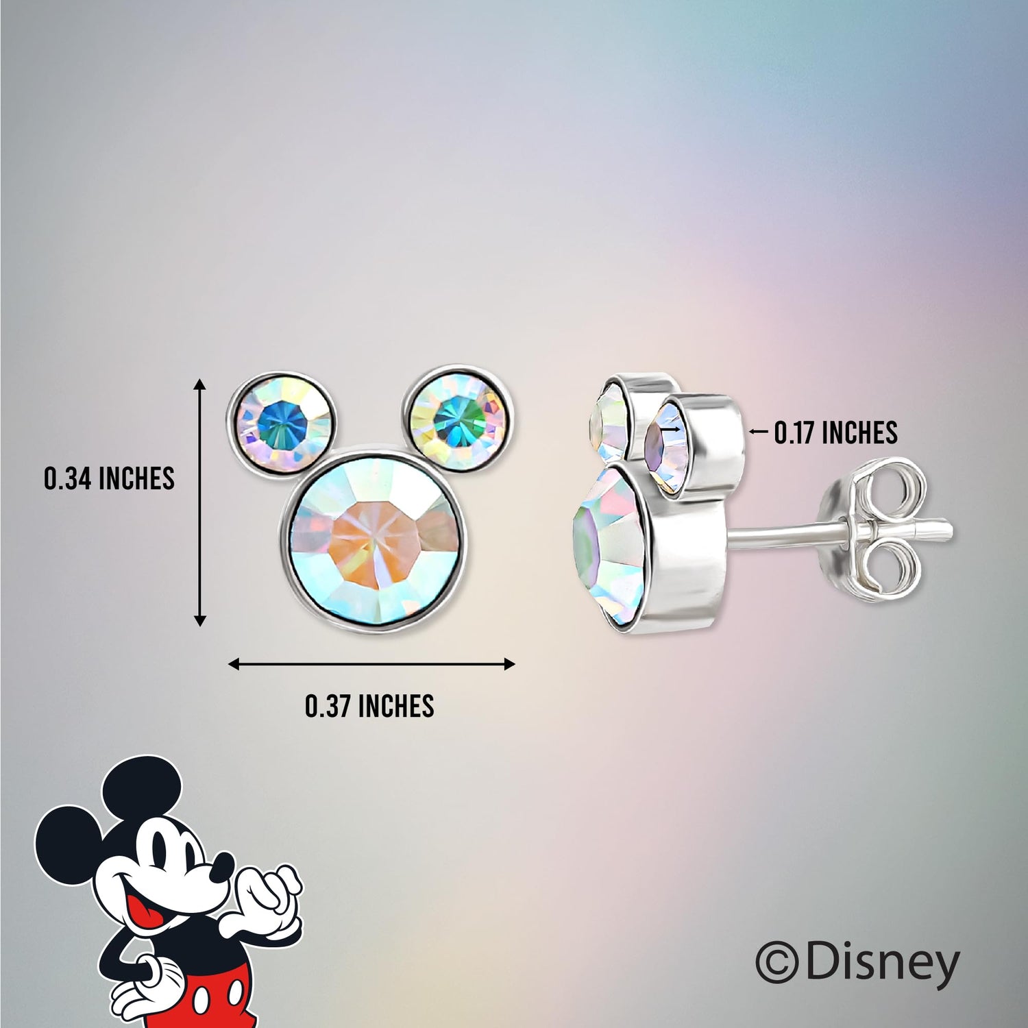 Disney Womens Mickey Mouse Aurora Boreal Crystal Stud Earrings, Sterling Silver Stud Earrings Official License