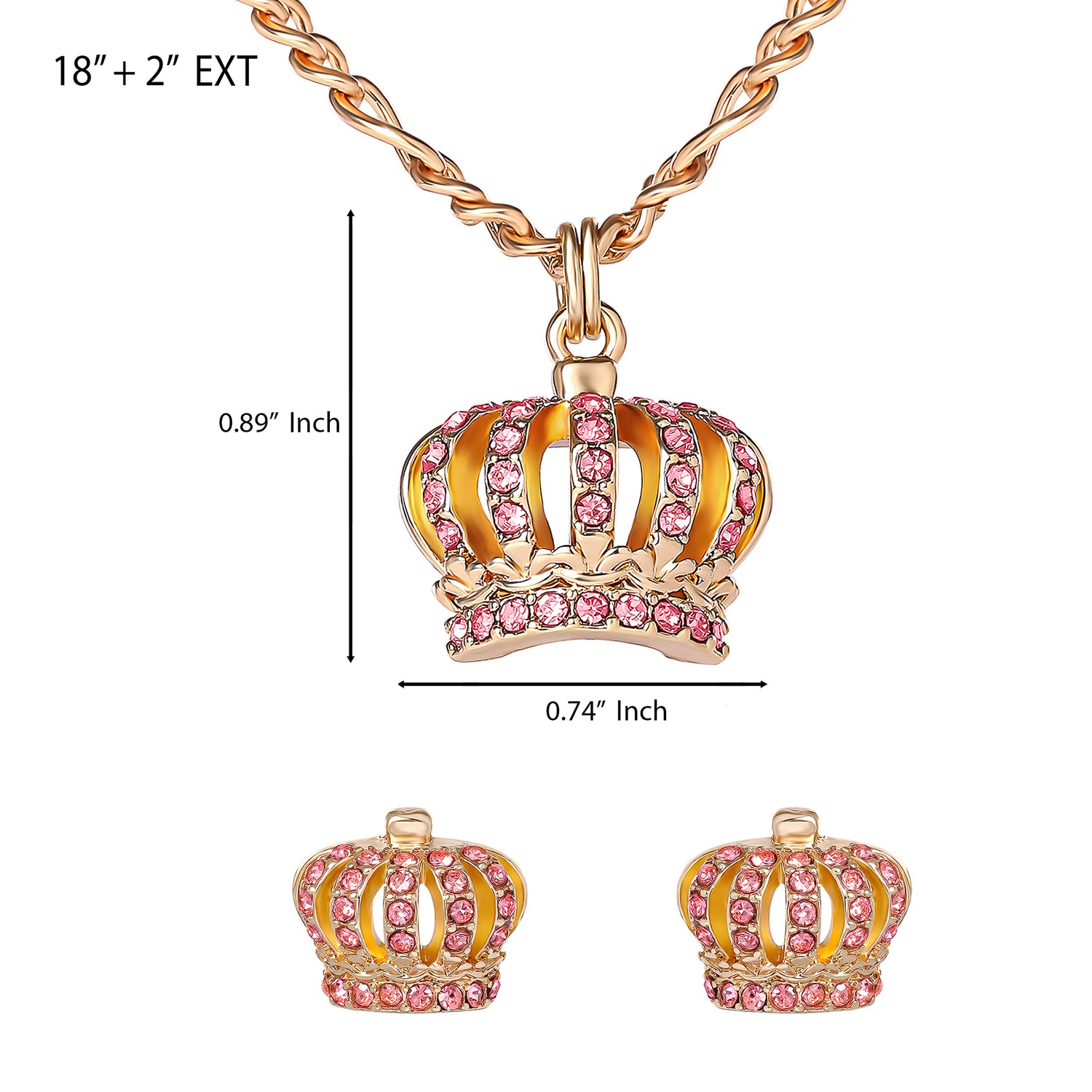 Juicy Couture Necklace and Crown Stud Earrings for Women with Pink Crystals, Gold Tone Jewelry Set