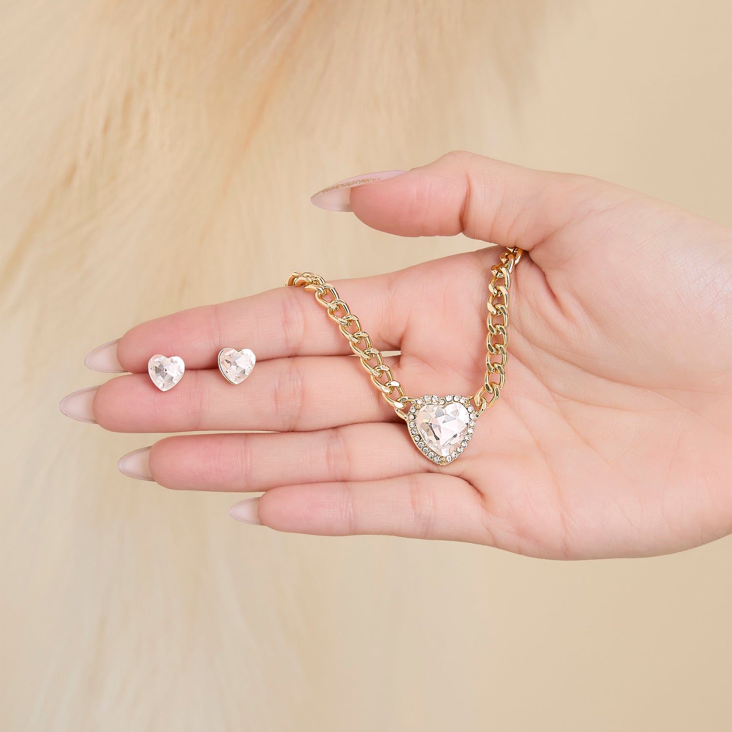 Jessica Simpson Gold-Tone Heart Pendant Necklace & Crystal Stud Earring Set