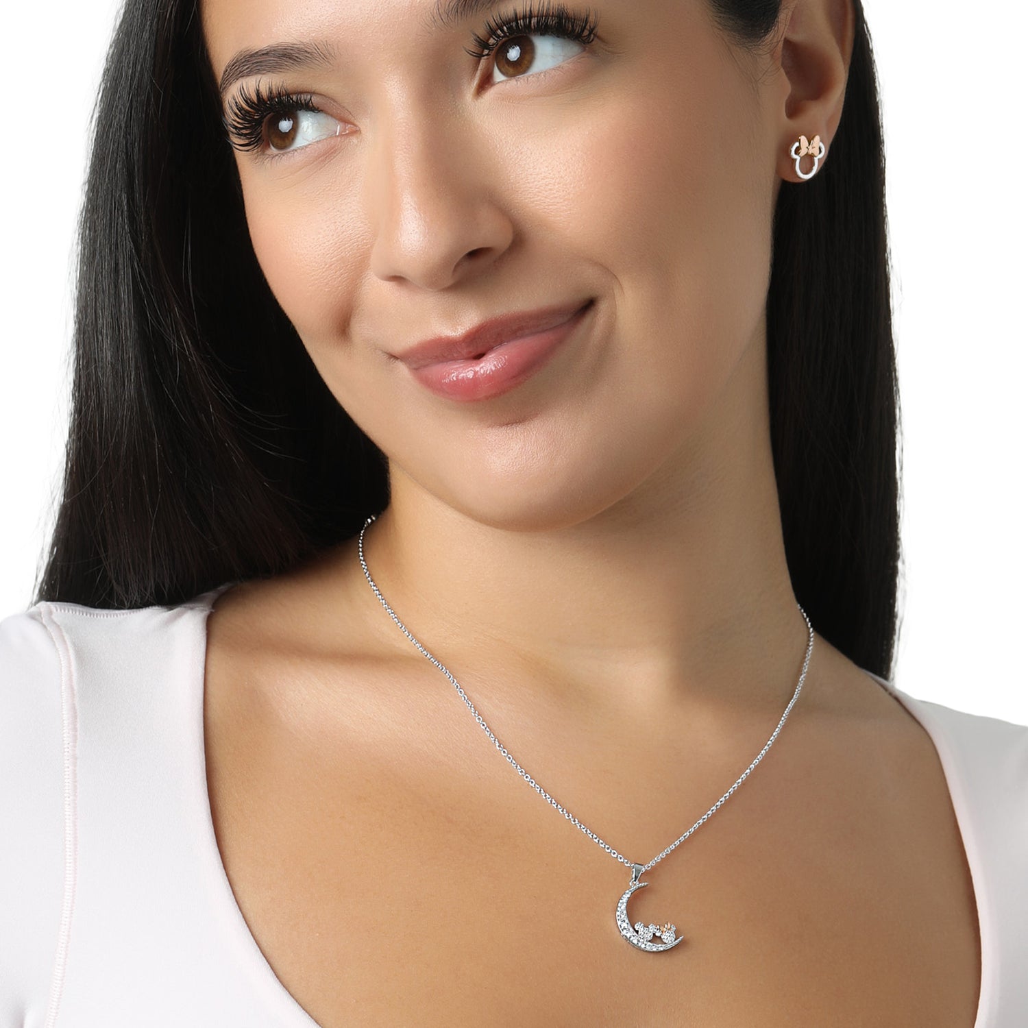 Minnie and Mickey Mouse Moon Necklace for Women 18", Cubic Zirconia