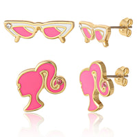 Barbie Sunglasses and Silhouette Stud Earrings 2-Pack Official License, 18k Gold Flash-Plated Barbie Earrings with Crystal