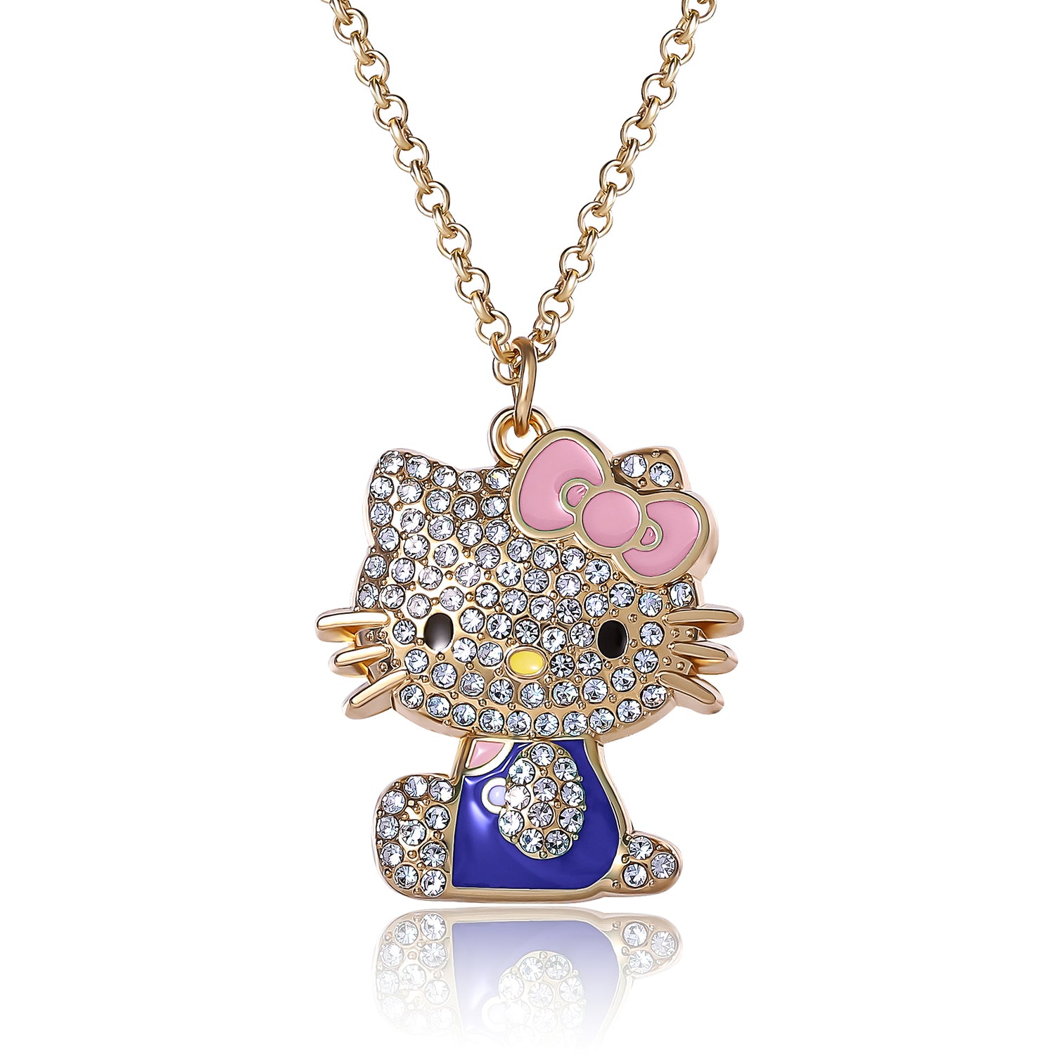 SALLY ROSE Hello Kitty Pink and Blue Enamel and Pave Necklace Official License, Gold-Tone 16+3 Hello Kitty Necklace, Sanrio Gifts - Blue