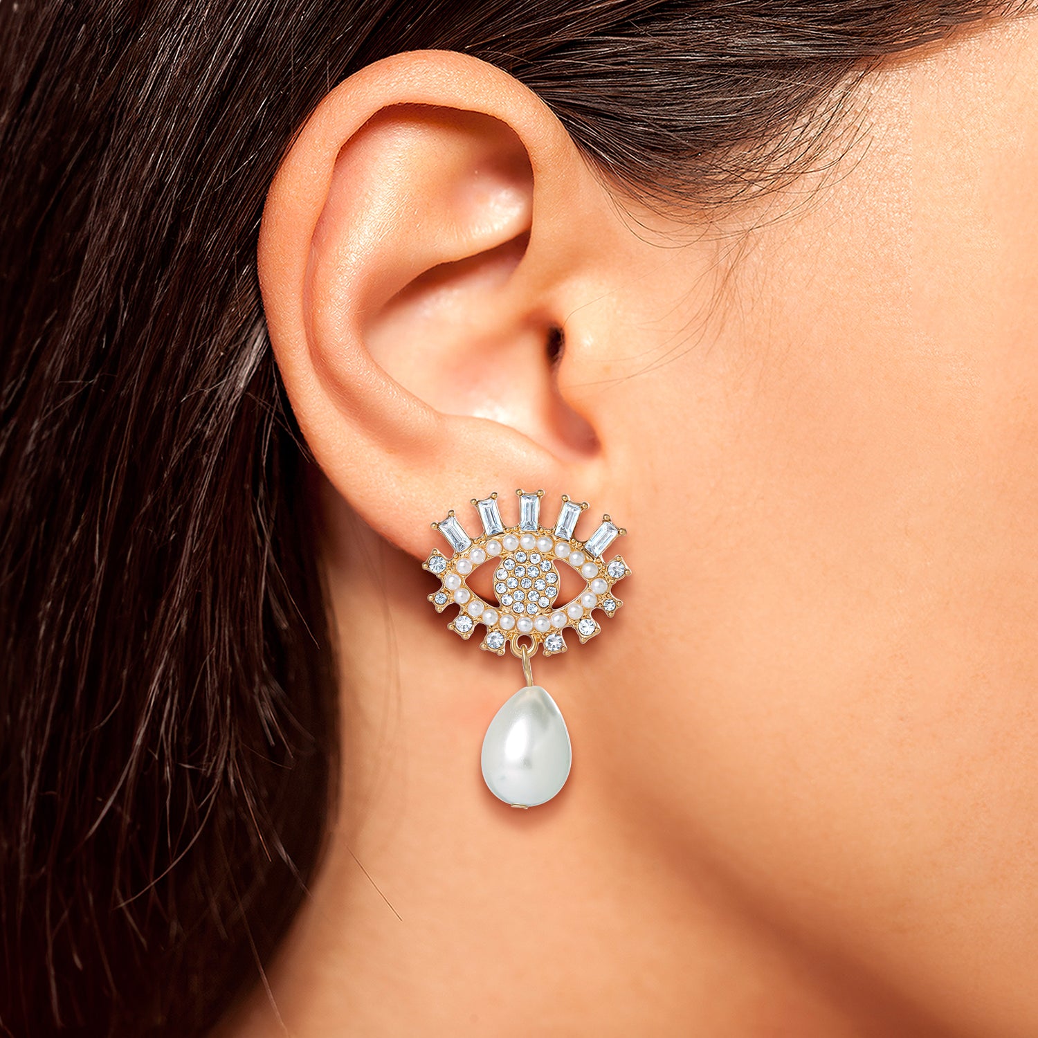 Jessica Simpson Gold-Tone Evil Eye Pearl Drop Earrings