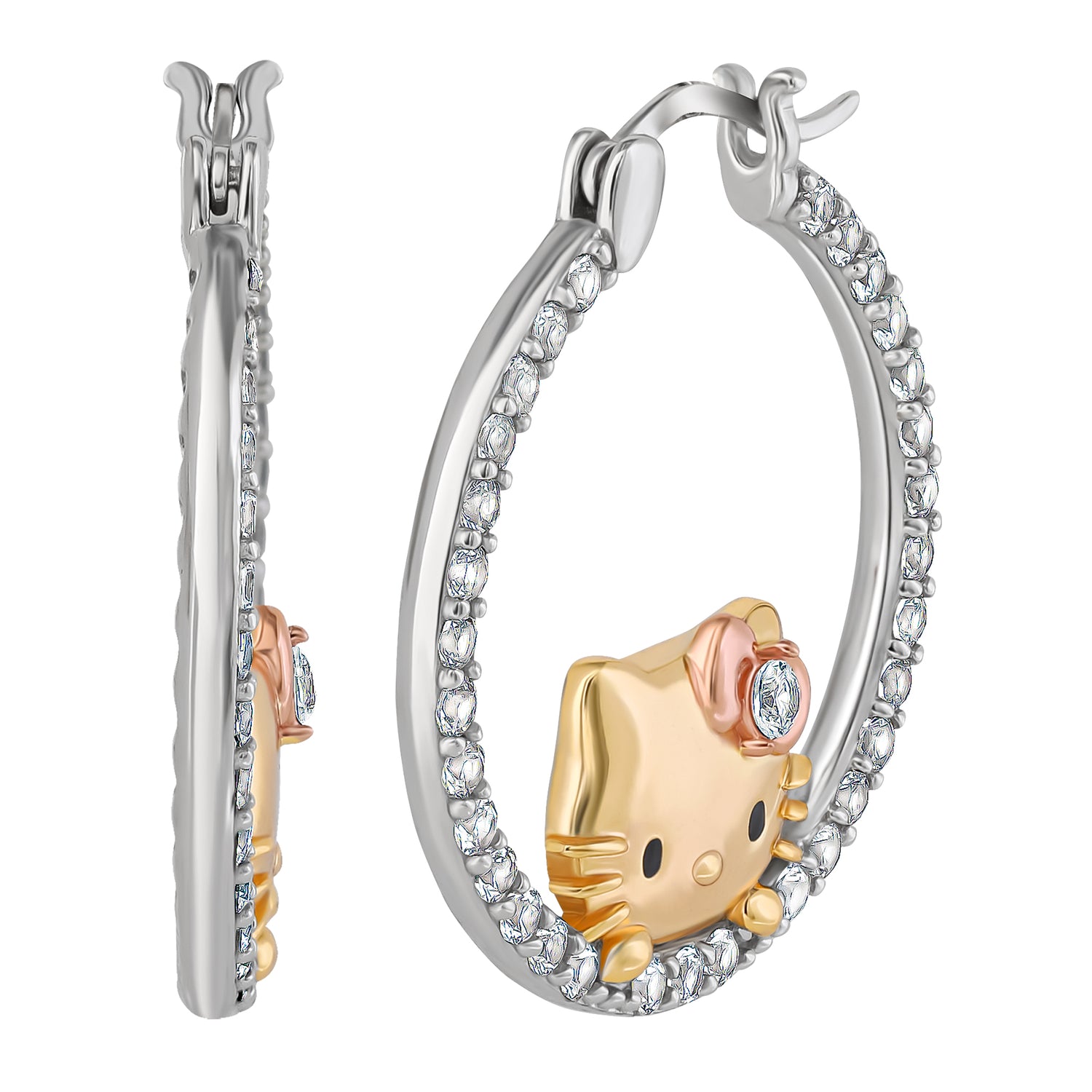 Hello Kitty Pop-Up Hoop Earrings, Tri-Color Sterling Silver with Created White Sapphire, Official License