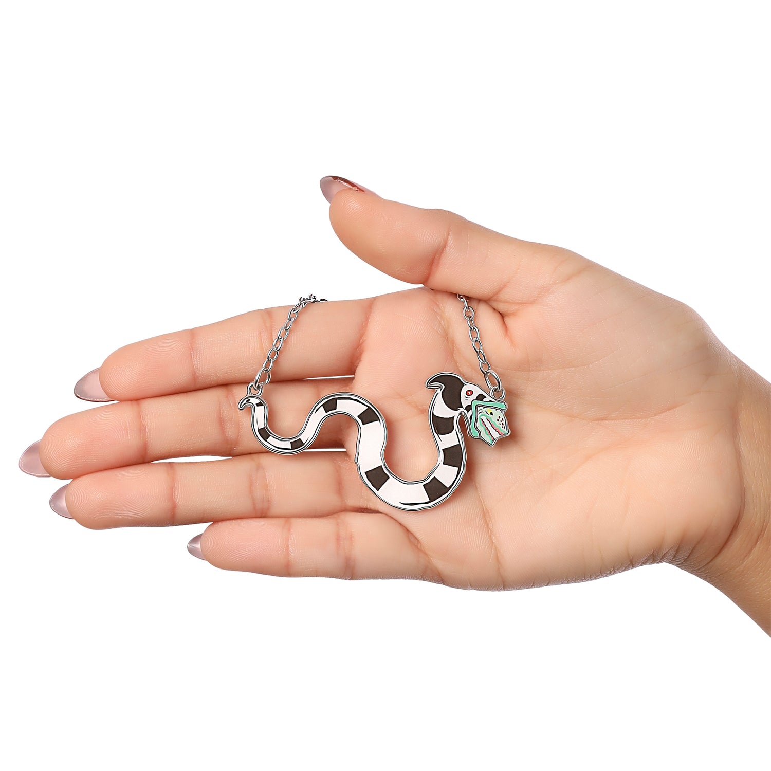 SALLY ROSE Beetlejuice Sandworm Pendant Necklace for Women Official License, 18"+3" Silver Tone and Enamel Beetlejuice Jewelry