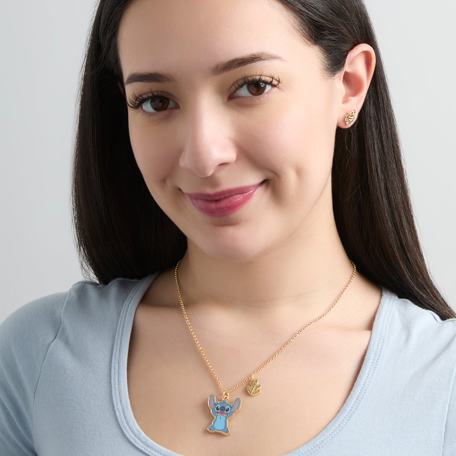 Disney Stitch Jewelry Set Official License with 16+3 Necklace and Palm Leaf Earrings, Gold Tone Fashion Necklace and Stud Earrings