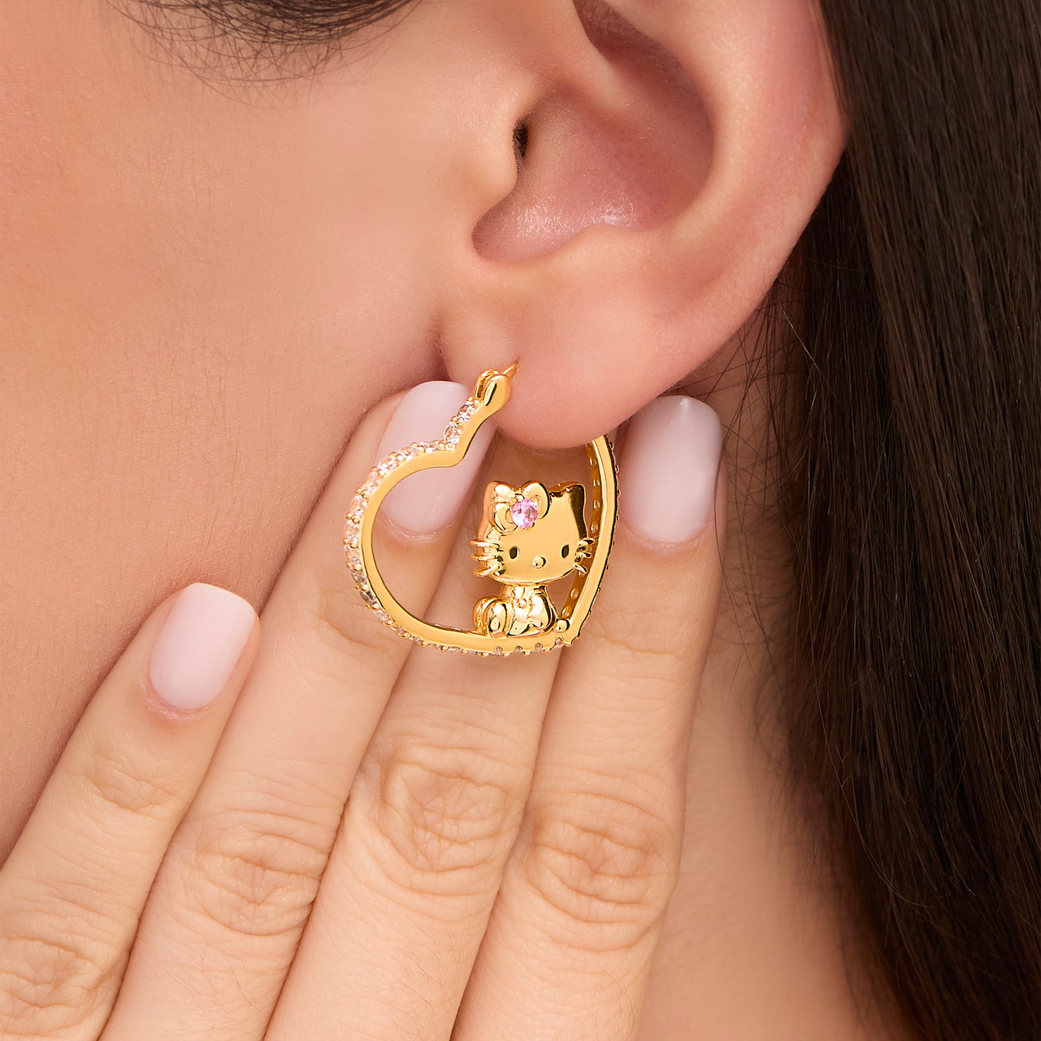 Hello Kitty 3D Heart Hoop Earrings, Yellow Gold-Plated Sterling Silver with Created Sapphire, Official License