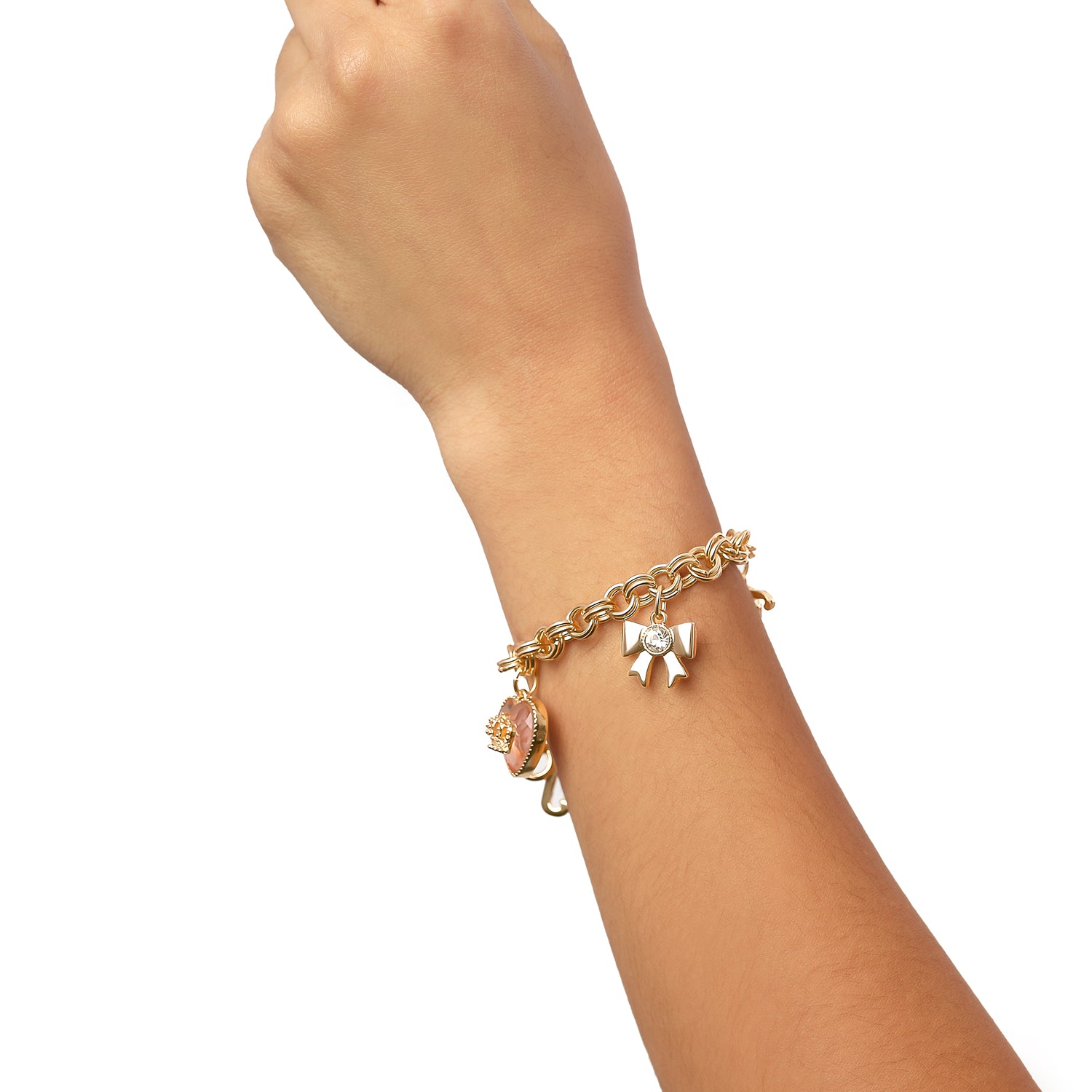 Juicy Couture Gold-Tone Charm Bracelet, Crystal Bow & Logo Charms, 7"