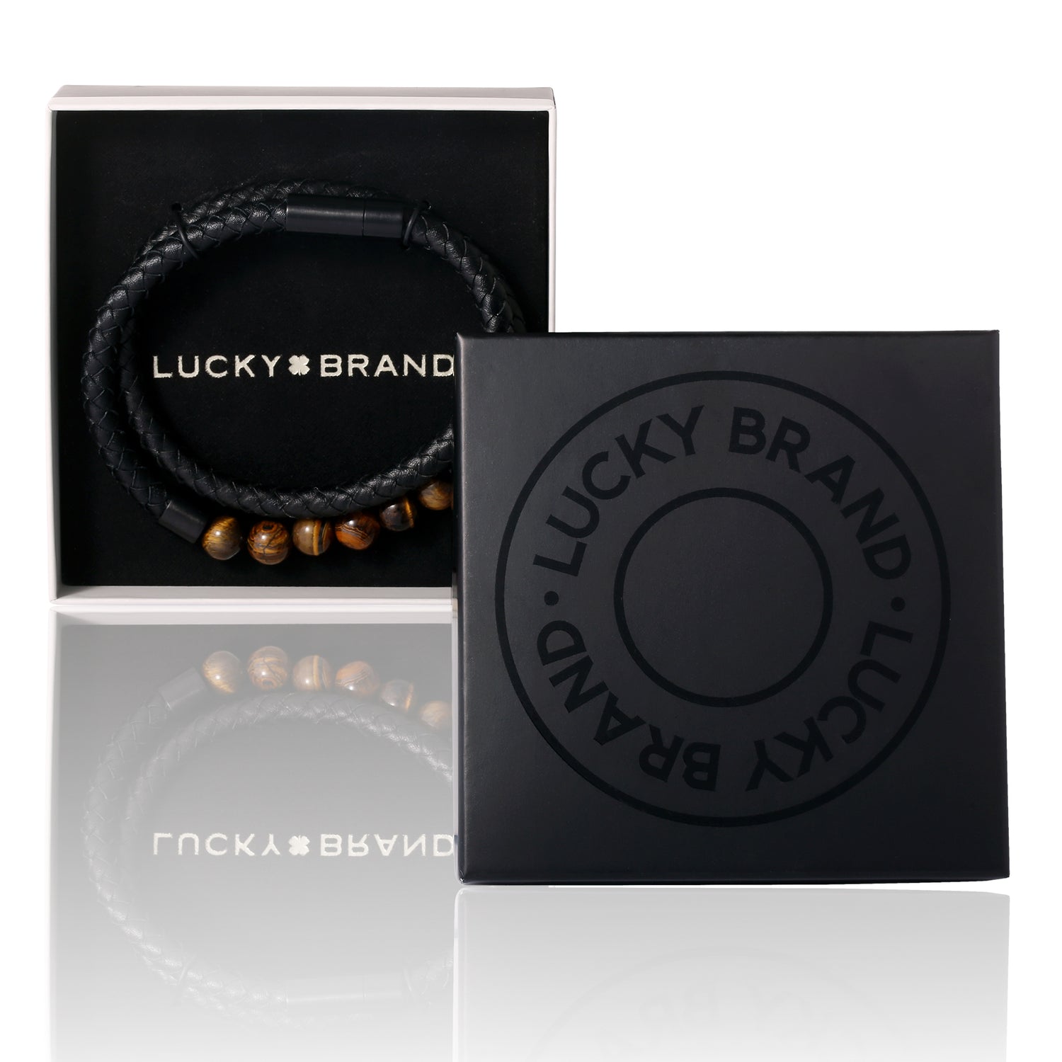 Lucky Brand Braided Cord Men's Bracelet with Tiger's Eye Beads, Stainless Steel Bracelet, Male Jewelry