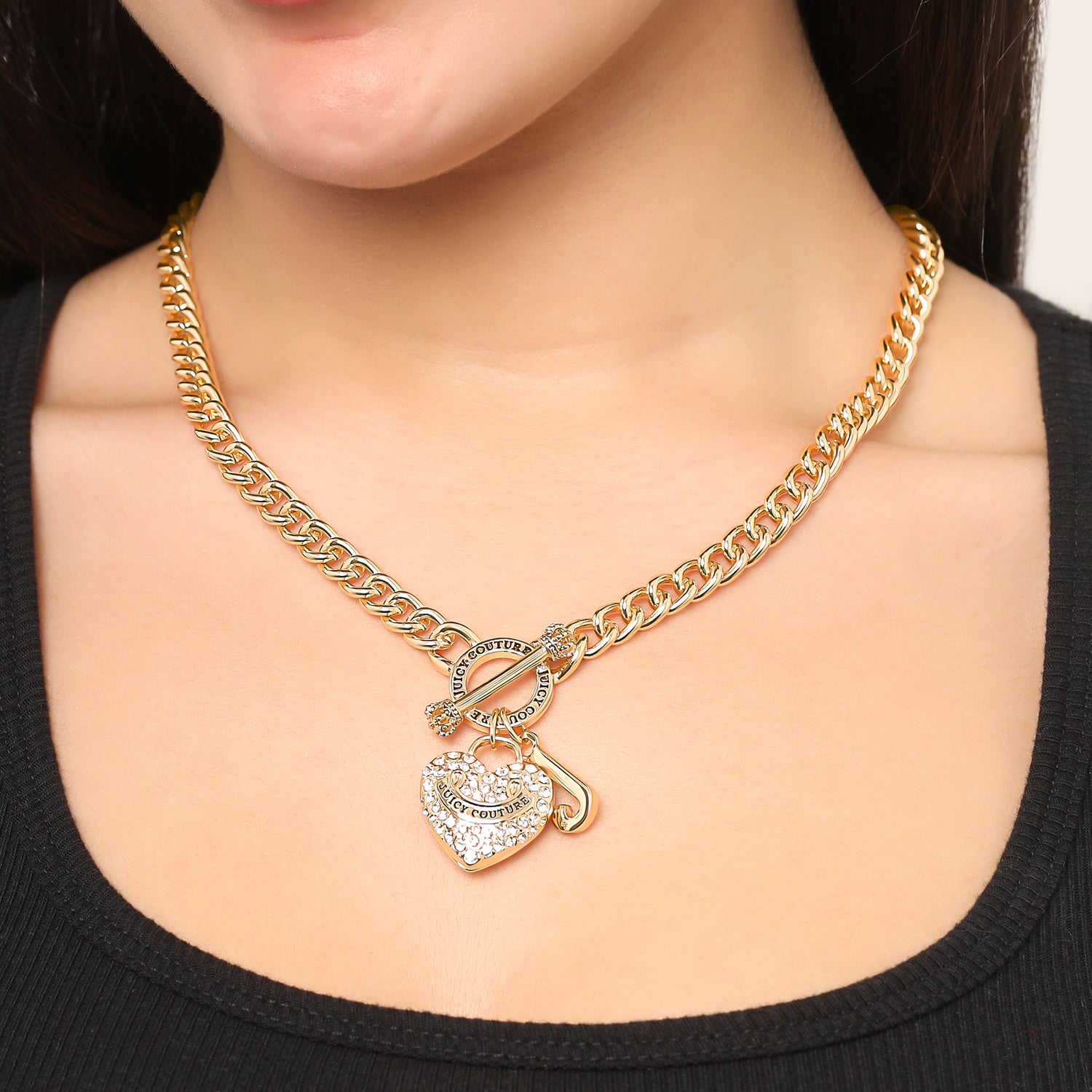 Juicy Couture Gold Tone Heart Logo Charm Necklace for Women 16"