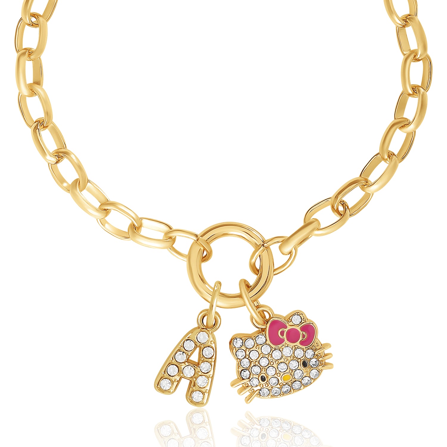 Hello Kitty Initial Crystal Charm Bracelet, Gold‑Tone, Adjustable - A