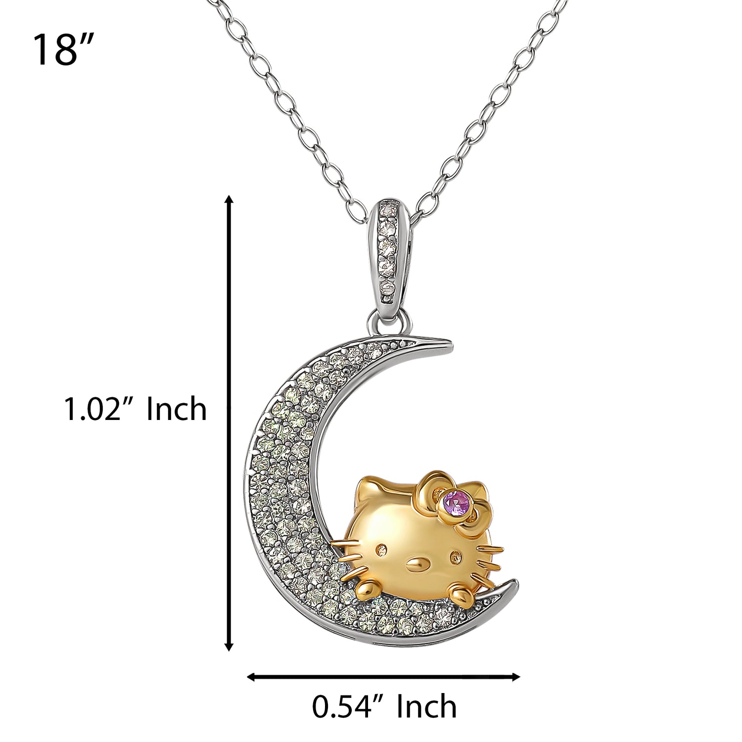 Hello Kitty on the Moon Pendant Necklace 18", Two-Tone Plated Sterling Silver with Created Sapphire, Official License