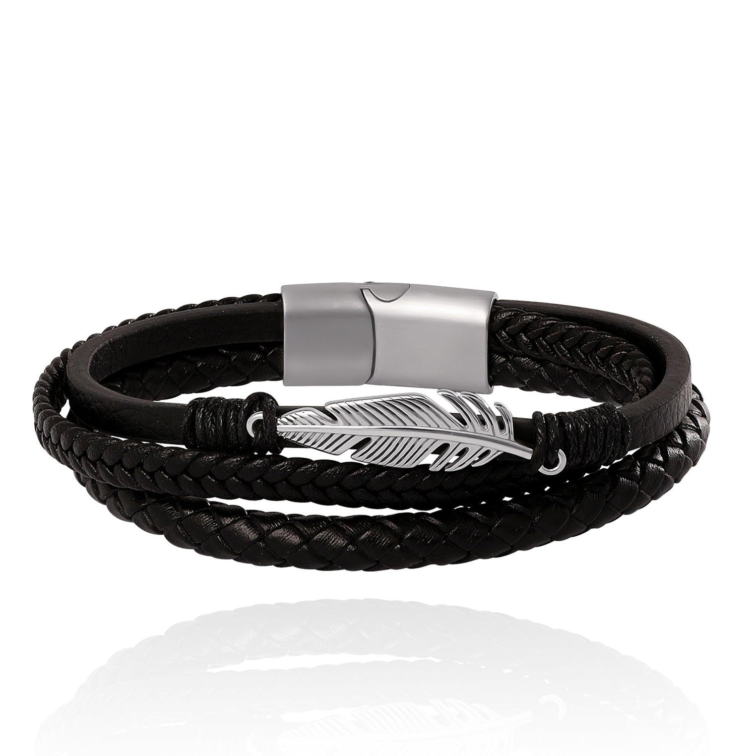 Lucky Brand Mens Triple Row Black Leather Bracelet with Silver Accents