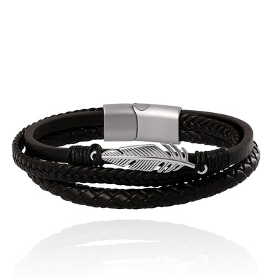 Lucky Brand Mens Triple Row Black Leather Bracelet with Silver Accents