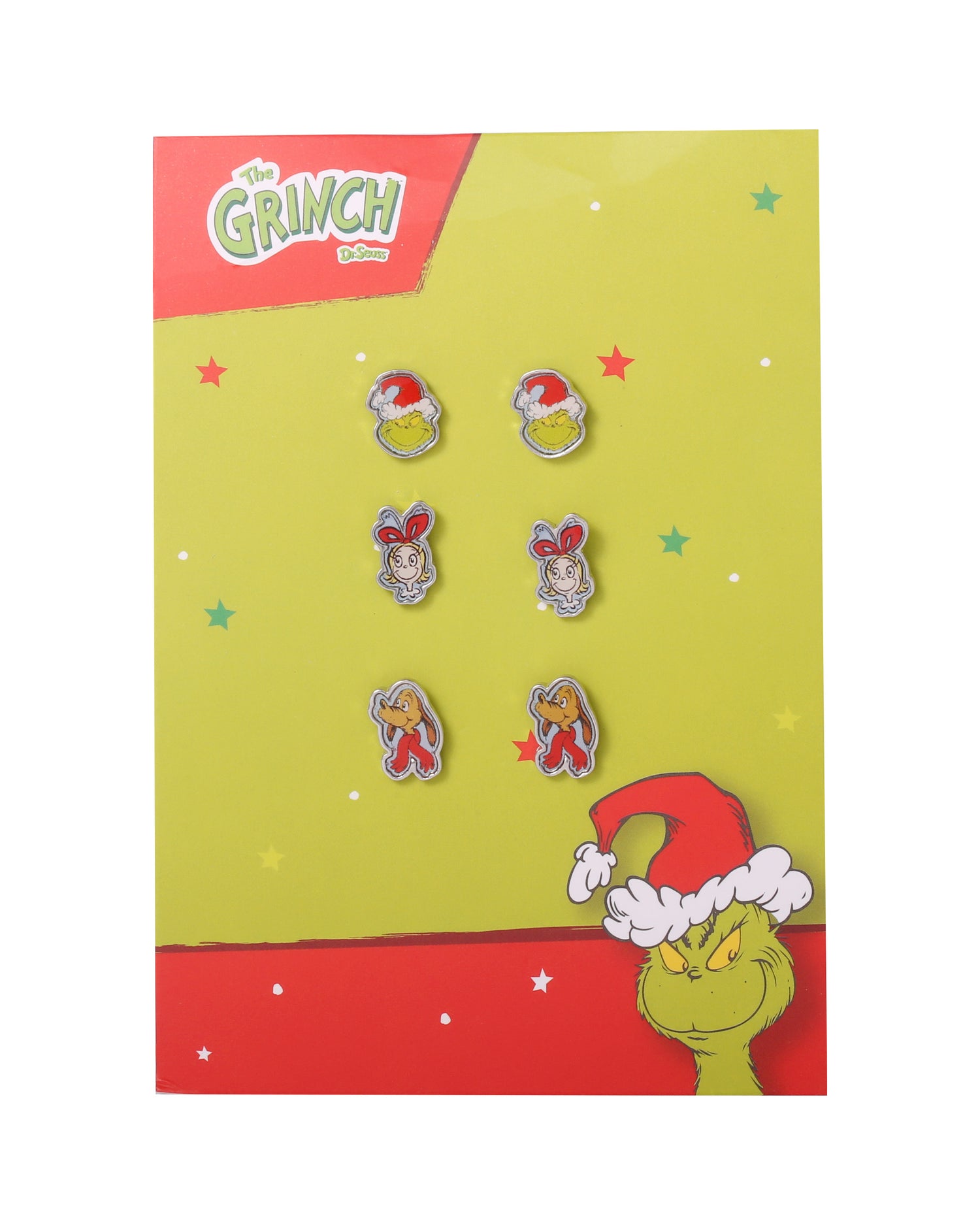 Dr. Seuss The Grinch Stud Earrings Pack of 3 Pairs Official License, Fashion Christmas Earrings for Women