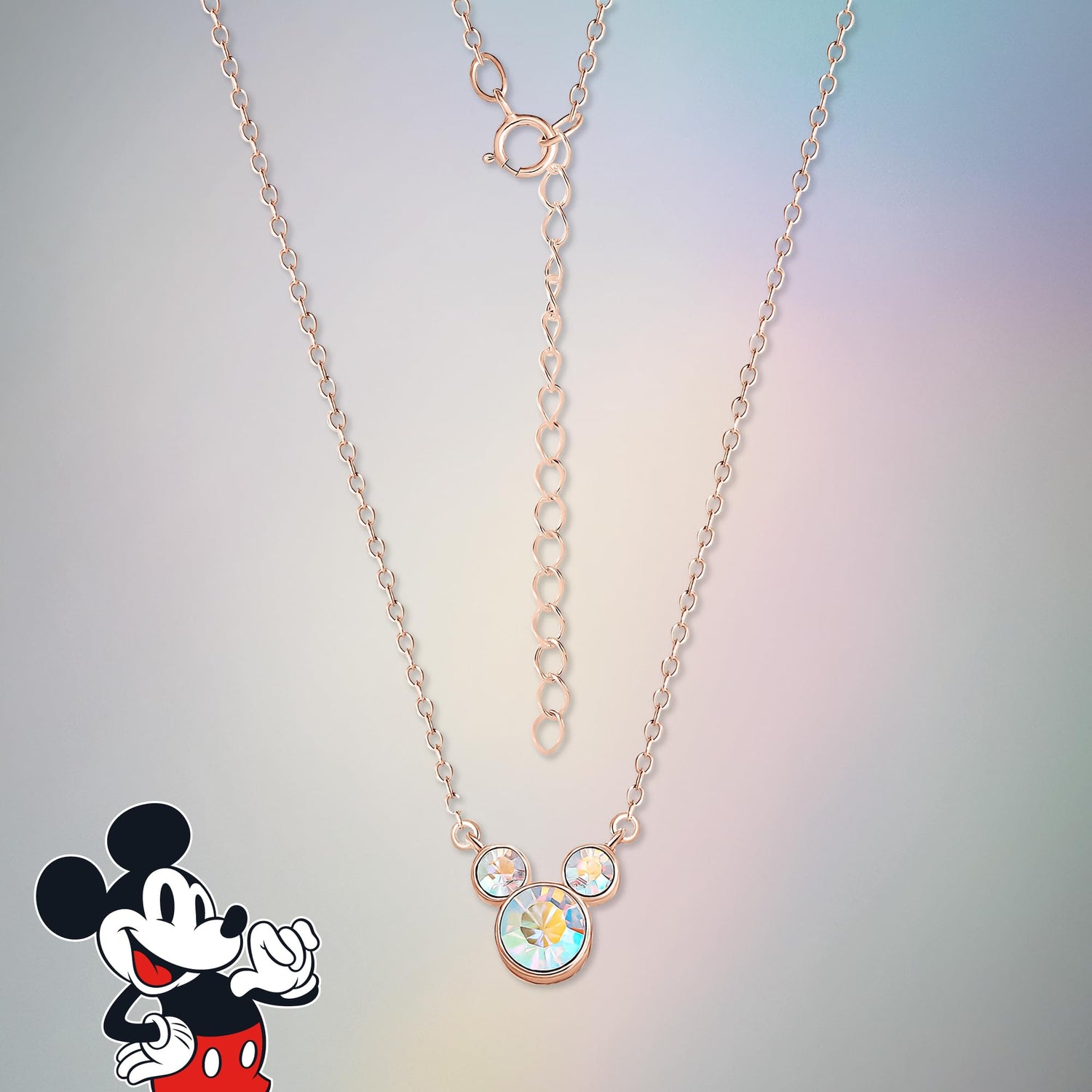 Disney Mickey Mouse Aurora Boreal Crystal Necklace 18"+2", Flash-Plated Official License