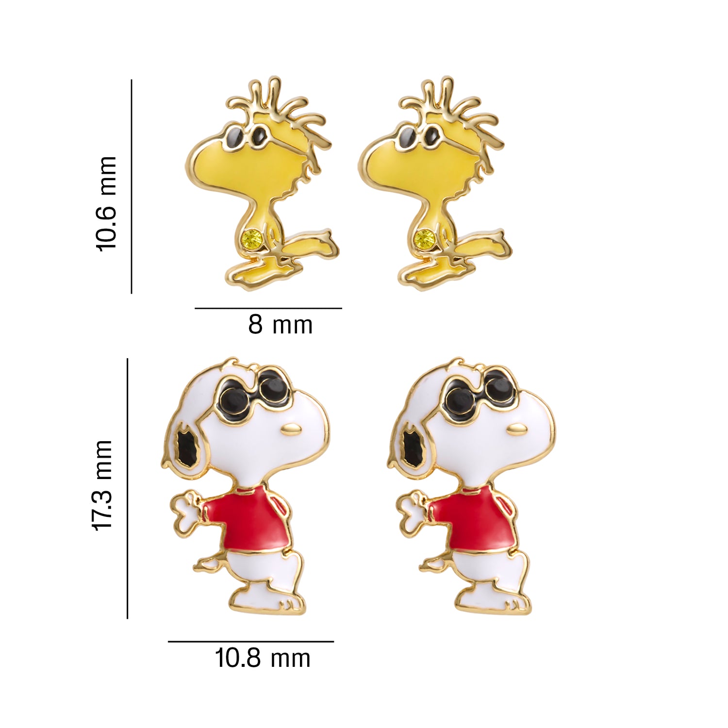 Peanuts Woodstock and Snoopy Earrings 2 Pairs, 18k Gold Flash Plated