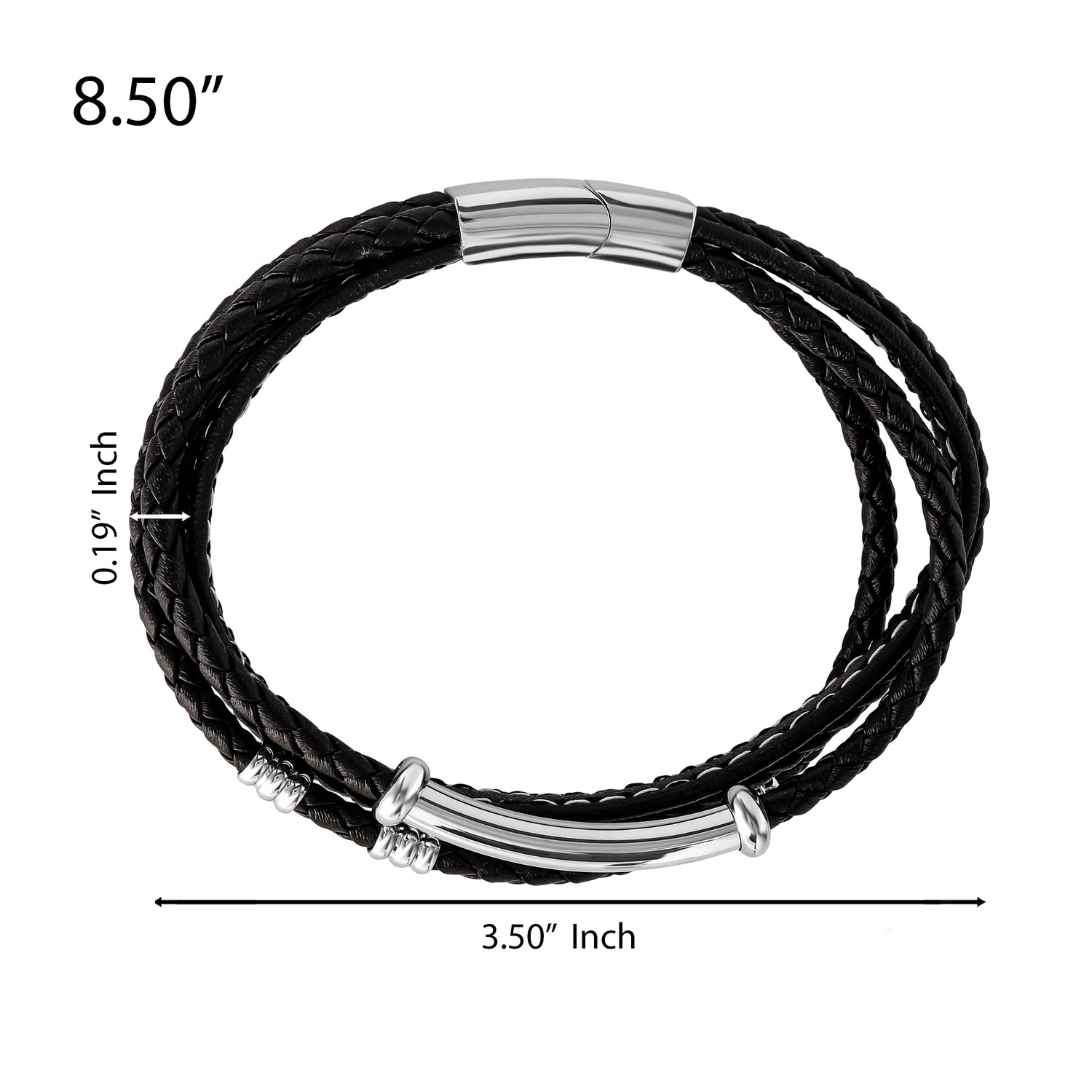 Stainless Steel Triple Row Black Cord Bracelet - 8.25" - Polished Stainless Steel Finish
