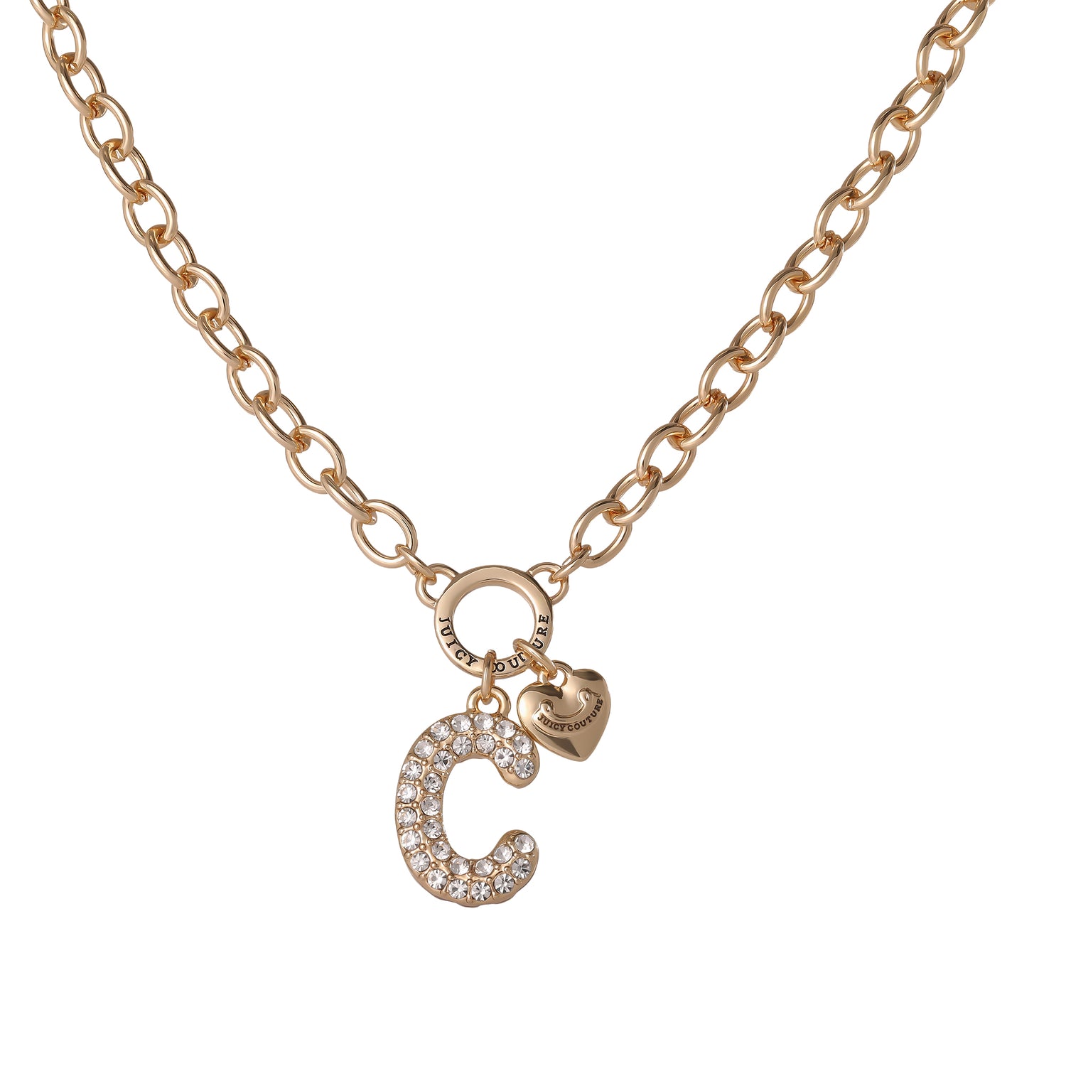 Juicy Couture Bubble Letter Necklace for Women with Clear Stones 18"+2", Chunky Initial Necklace Gold-Tone - C