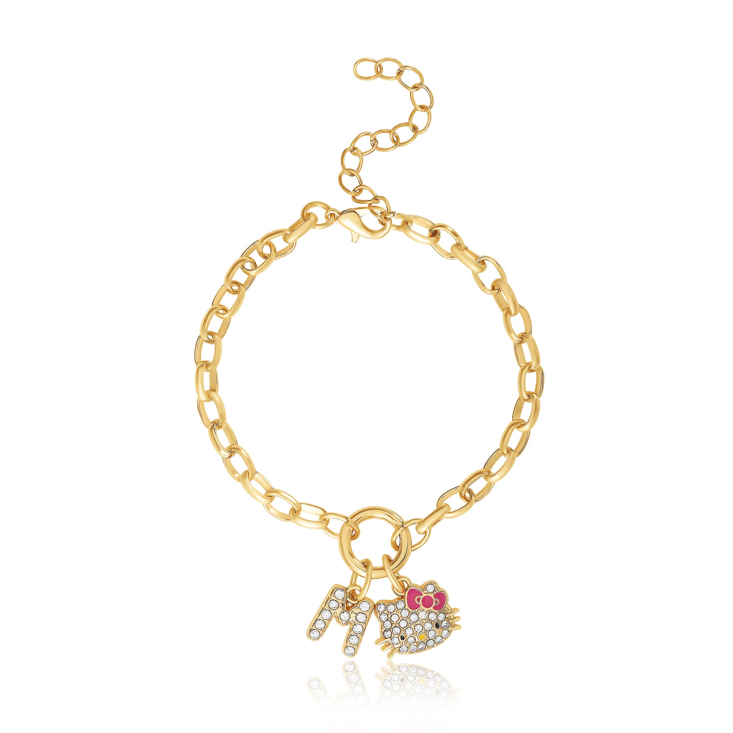 Hello Kitty Initial Crystal Charm Bracelet, Gold‑Tone, Adjustable - M
