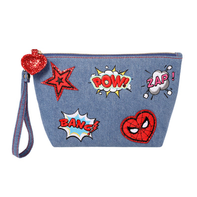 Marvel SpiderMan Denim Patch Cosmetic Pouch with Comic Pop Embellishments