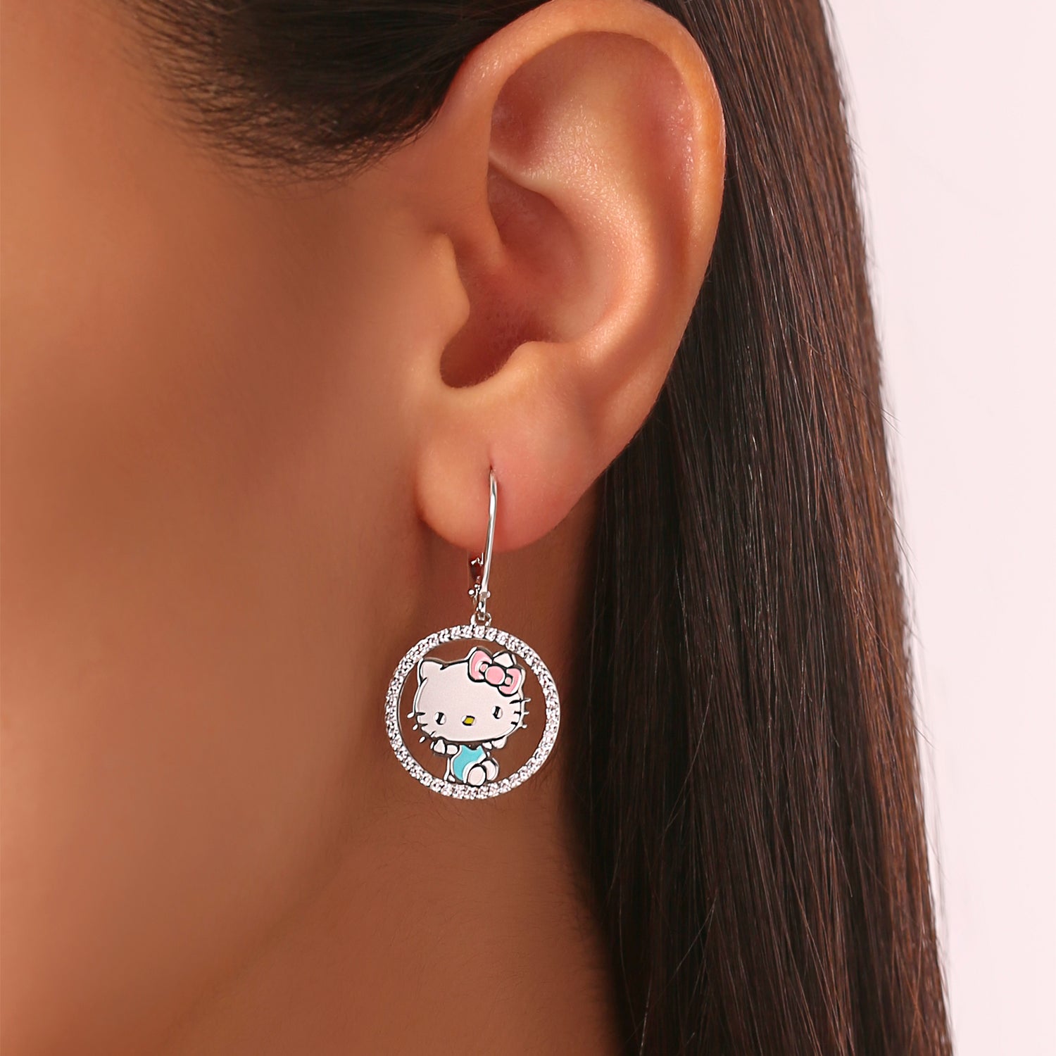 Hello Kitty Jewelry Drop Earrings for Women Official License, Sterling Silver and Cubic Zirconia Hello Kitty Earrings