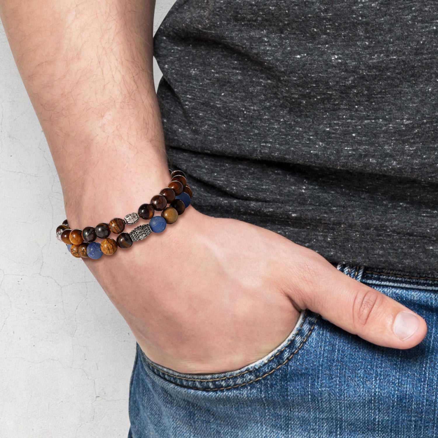 SALLY ROSE Lucky Brand Jewelry Mens Beaded Bracelets 2 Pcs, Stretch Mens Bracelets Beads 8mm Tigers Eye, Sodalite, and Picture Jasper