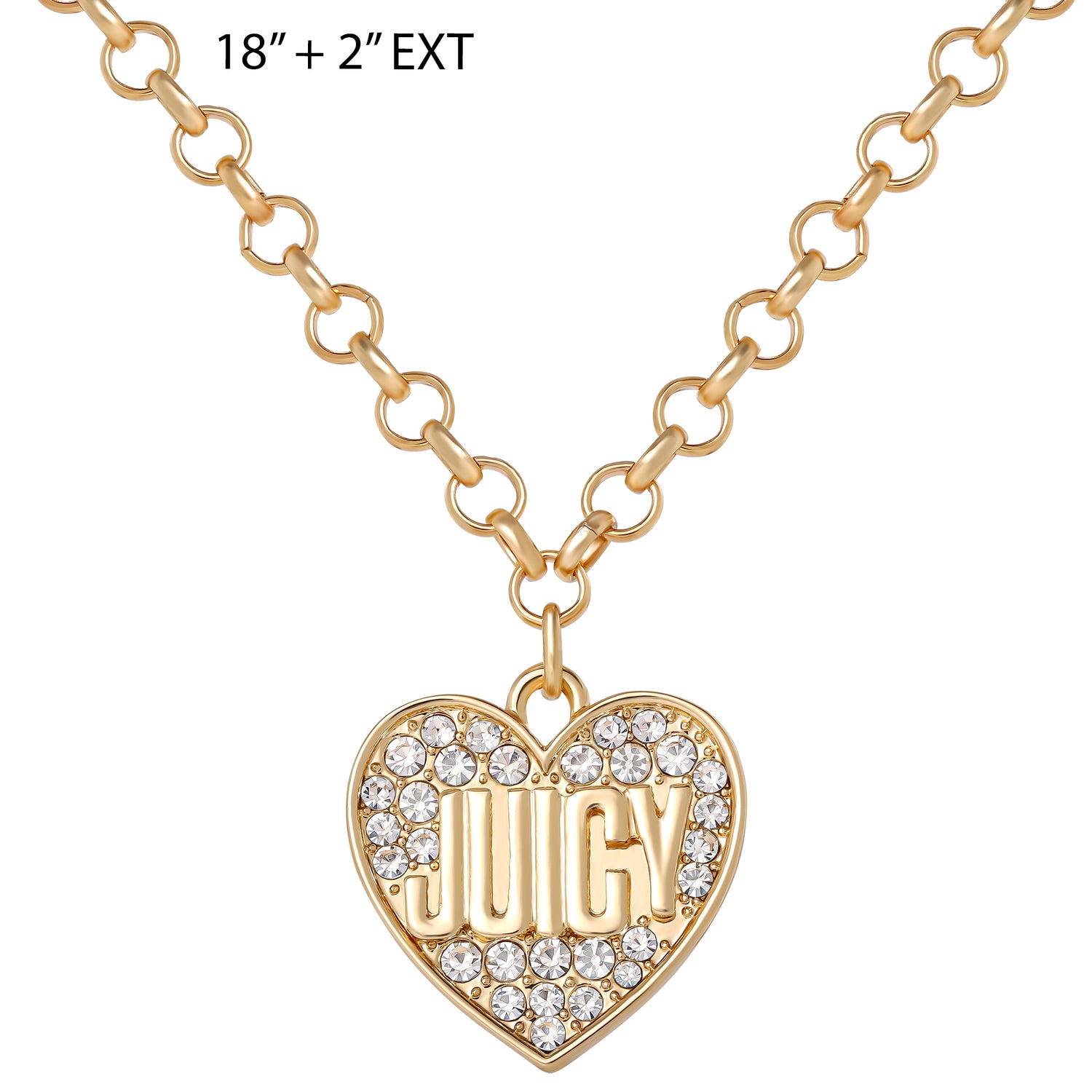 Juicy Couture Pave Logo Heart Necklace, 18"+2" Gold-Tone JUICY Necklace for Women with Glass Stones
