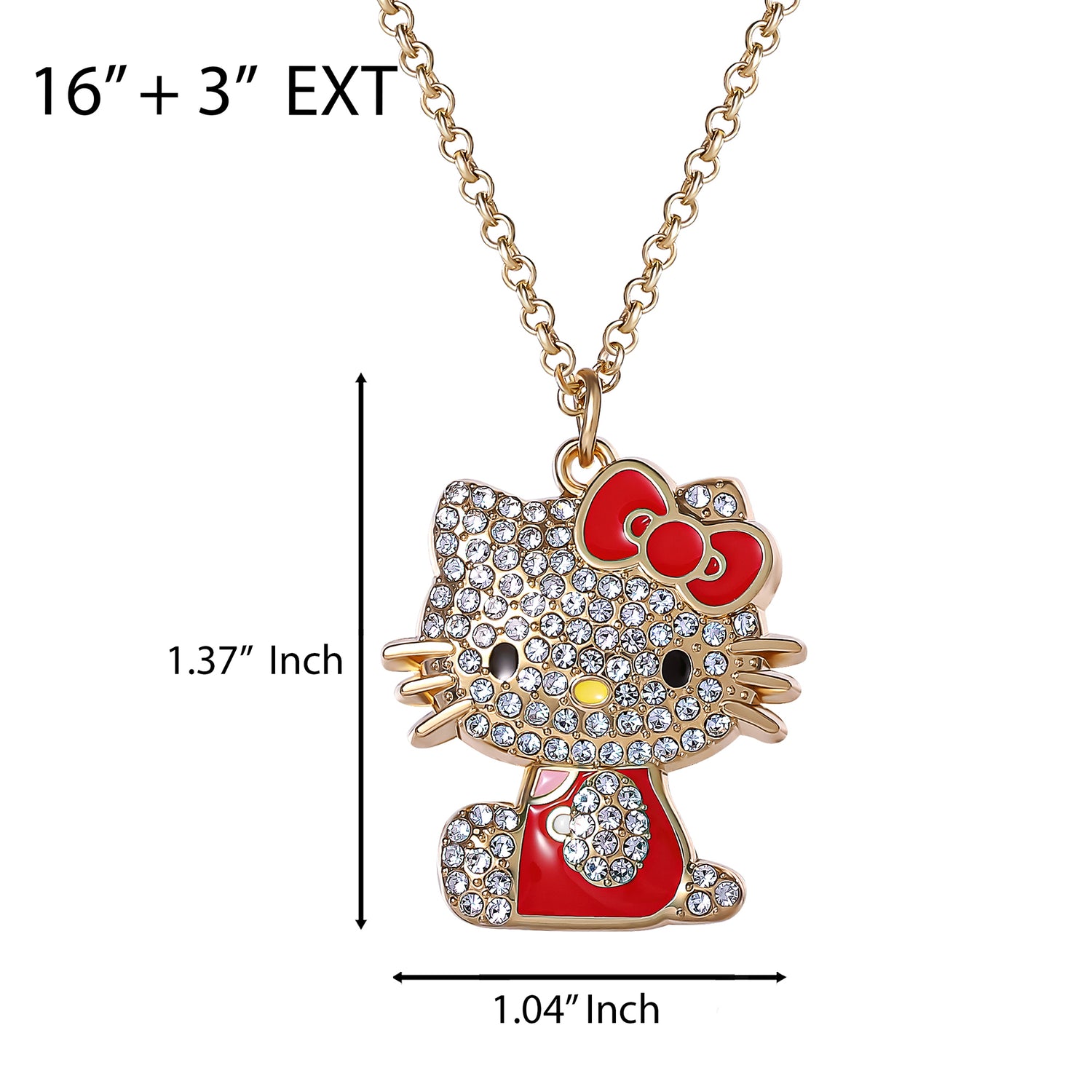 SALLY ROSE Hello Kitty Red Enamel and Pave Crystal Pendant Necklace Official License, Gold-Tone 16+3 Hello Kitty Necklace, Sanrio Gifts - Red