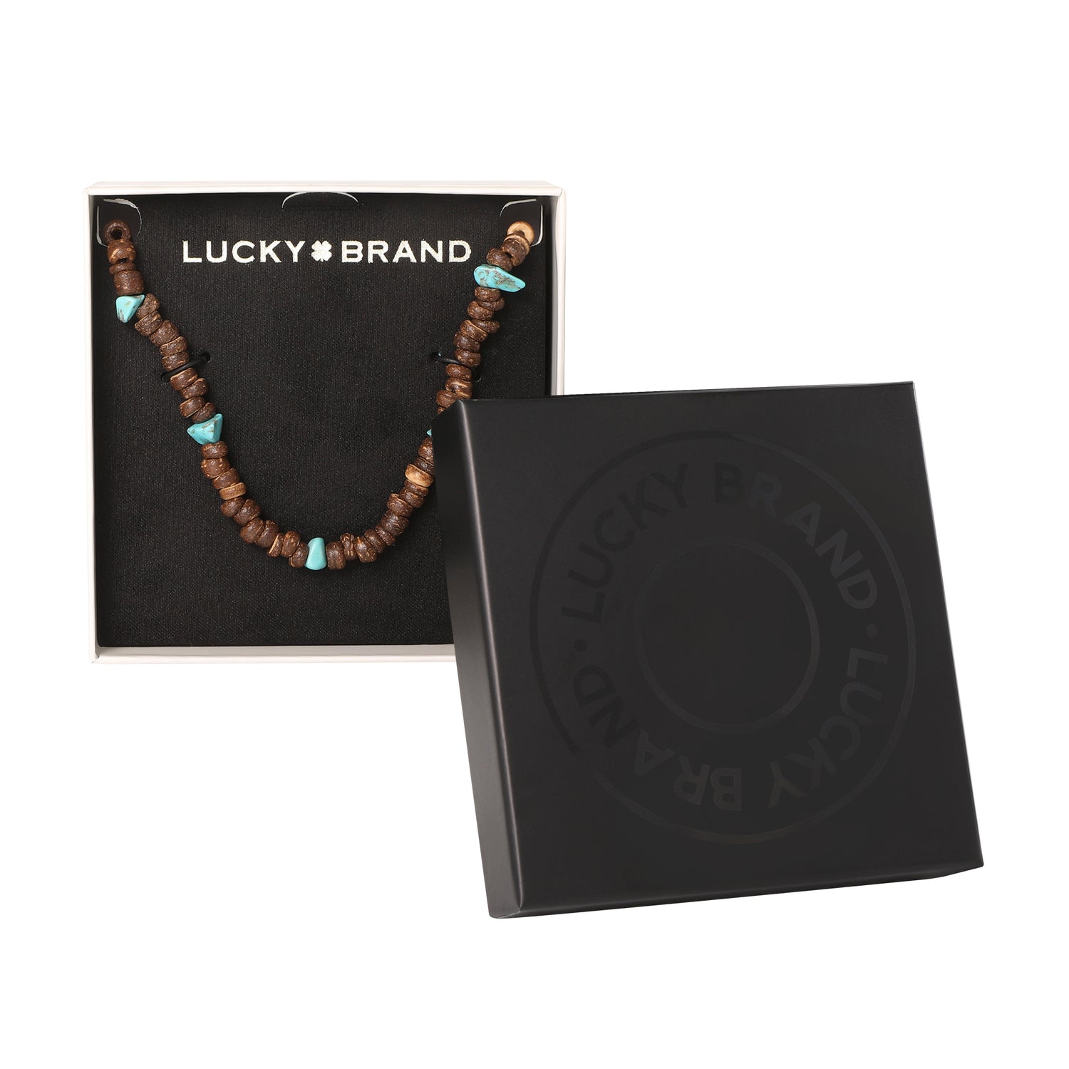 Lucky Brand Men’s Wood & Turquoise Beaded 22'' Necklace, Rustic Brown with Blue Chips