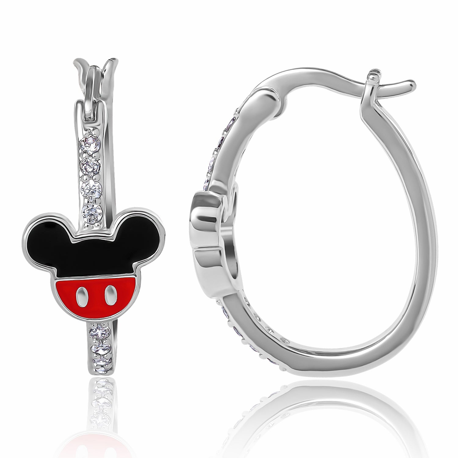 Disney Mickey Mouse Hoop Earrings Official License, Silver Flash-Plated Cubic Zirconia Disney Earrings for Women, Mickey Earrings