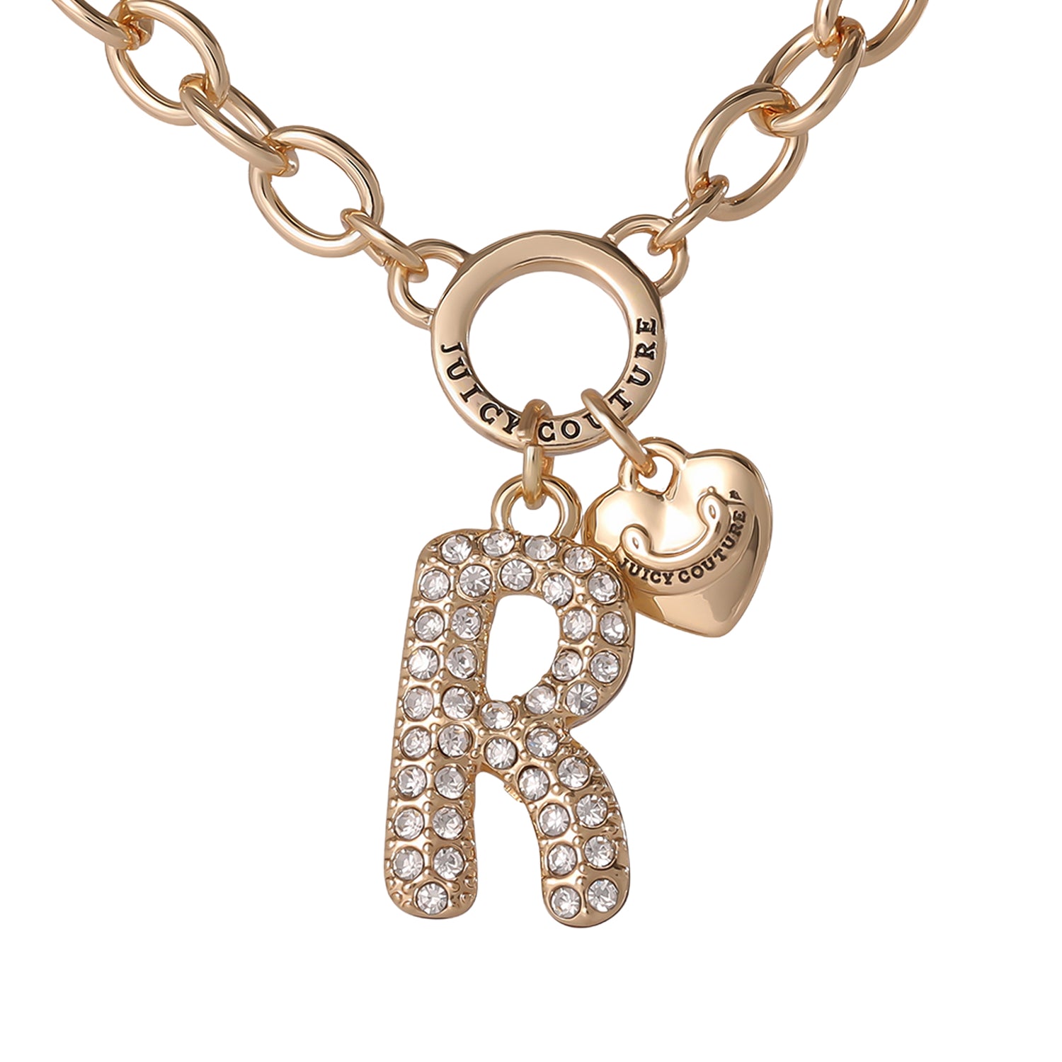 Juicy Couture Bubble Letter Necklace for Women with Clear Stones 18"+2", Chunky Initial Necklace Gold-Tone - R