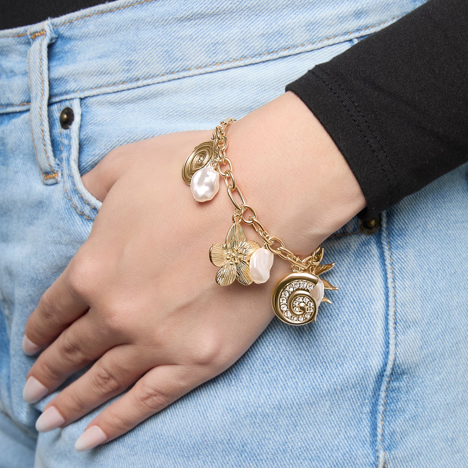 Jessica Simpson Gold-Tone Celestial Charm Bracelet with Imitation Pearls, Adjustable