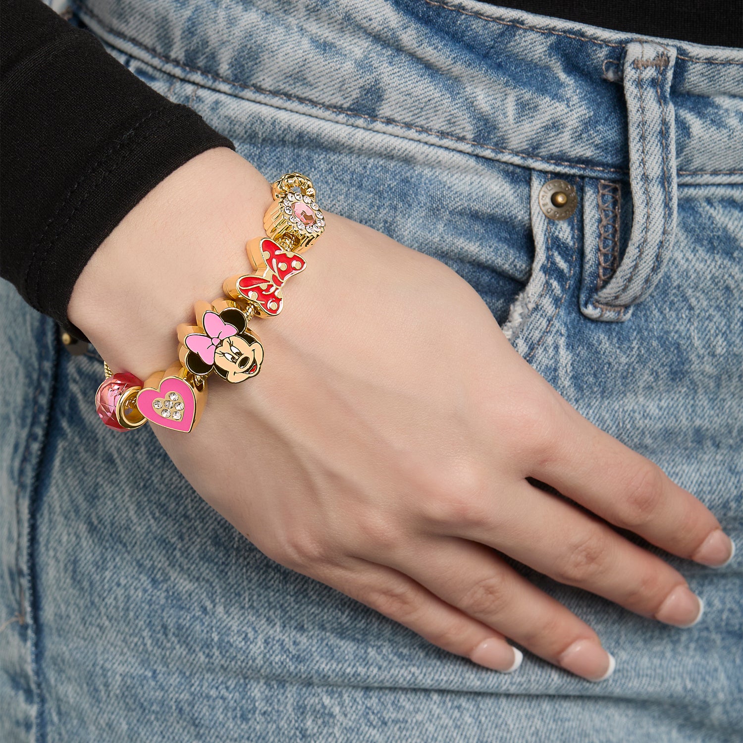 Minnie Mouse Bracelet for Women, 7" Gold-Tone Disney Charm Bracelet with 6 Unique Charms Official License