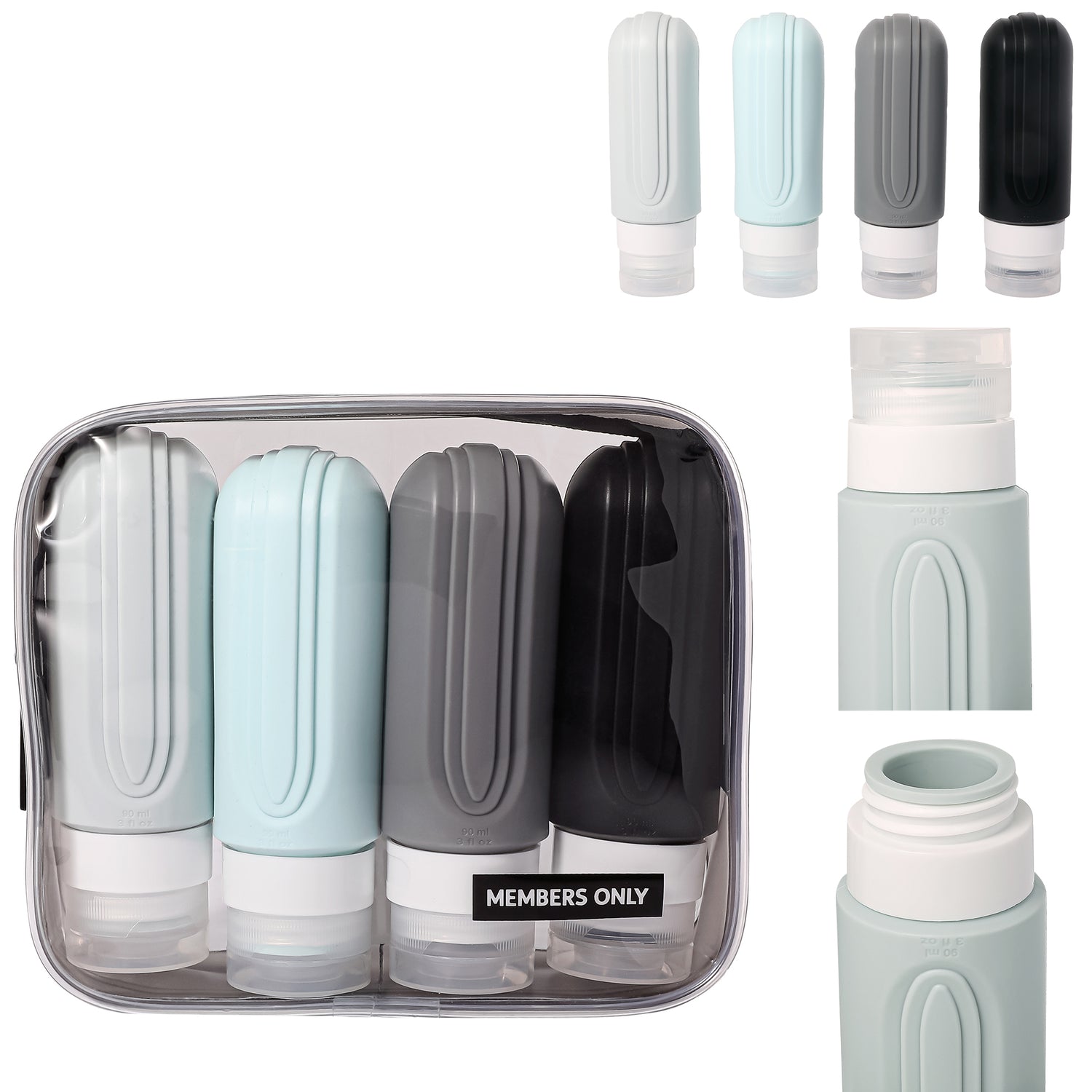 MEMBERS ONLY 4 PIECE SILICONE TRAVEL BOTTLE SET WI