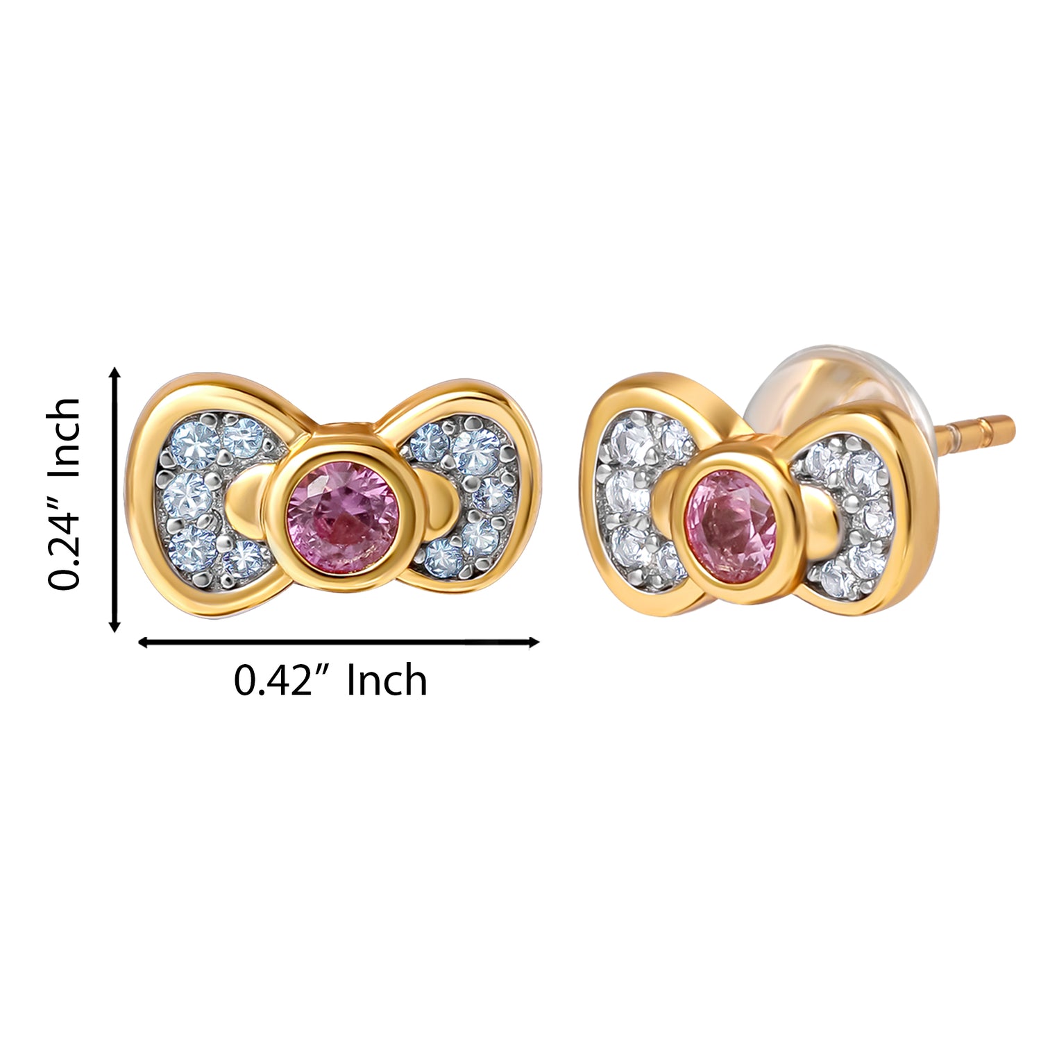 Hello Kitty Bow Stud Earrings, Two-Tone Plated Sterling Silver with Created Pink & White Sapphire, Official License