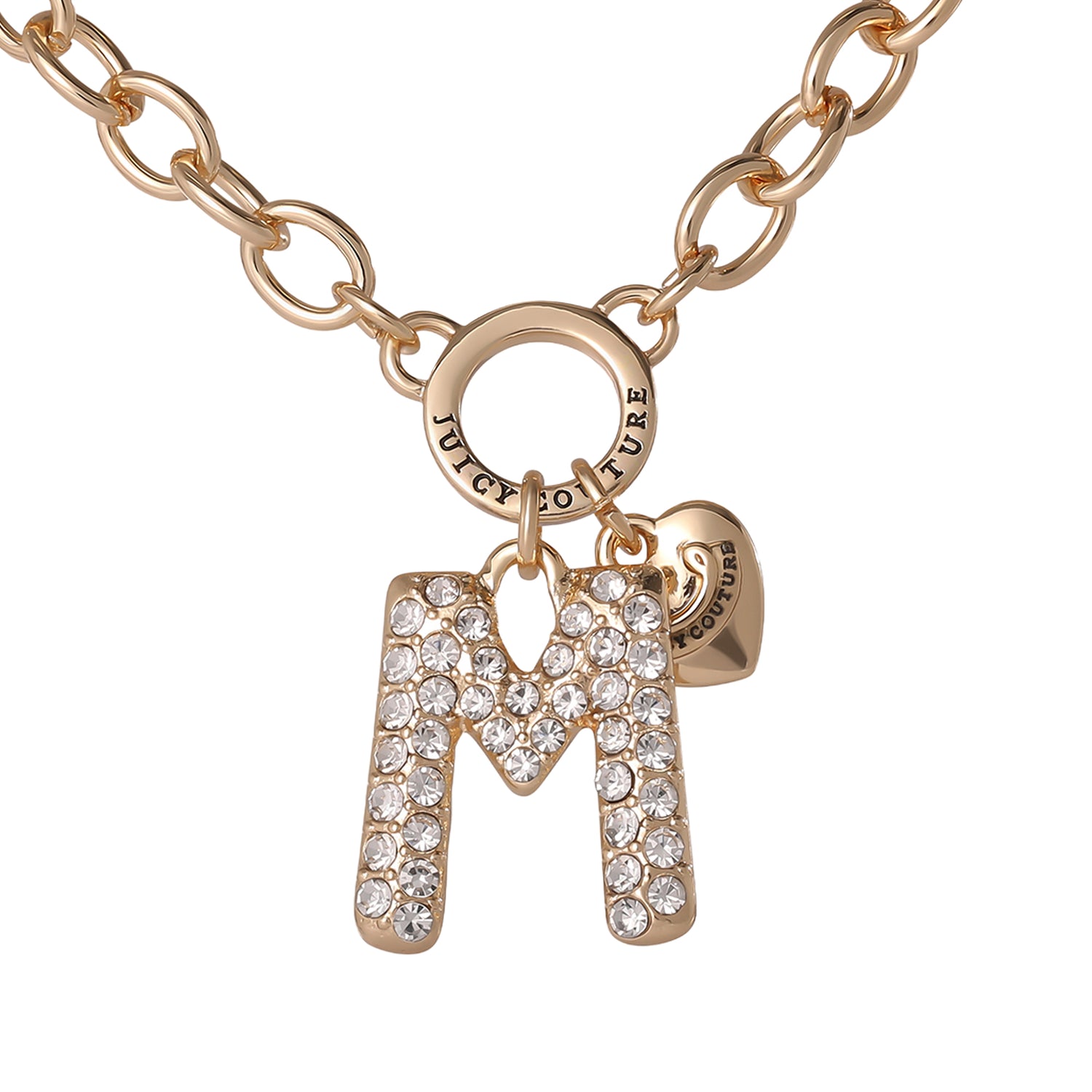 Juicy Couture Bubble Letter Necklace for Women with Clear Stones 18"+2", Chunky Initial Necklace Gold-Tone - M