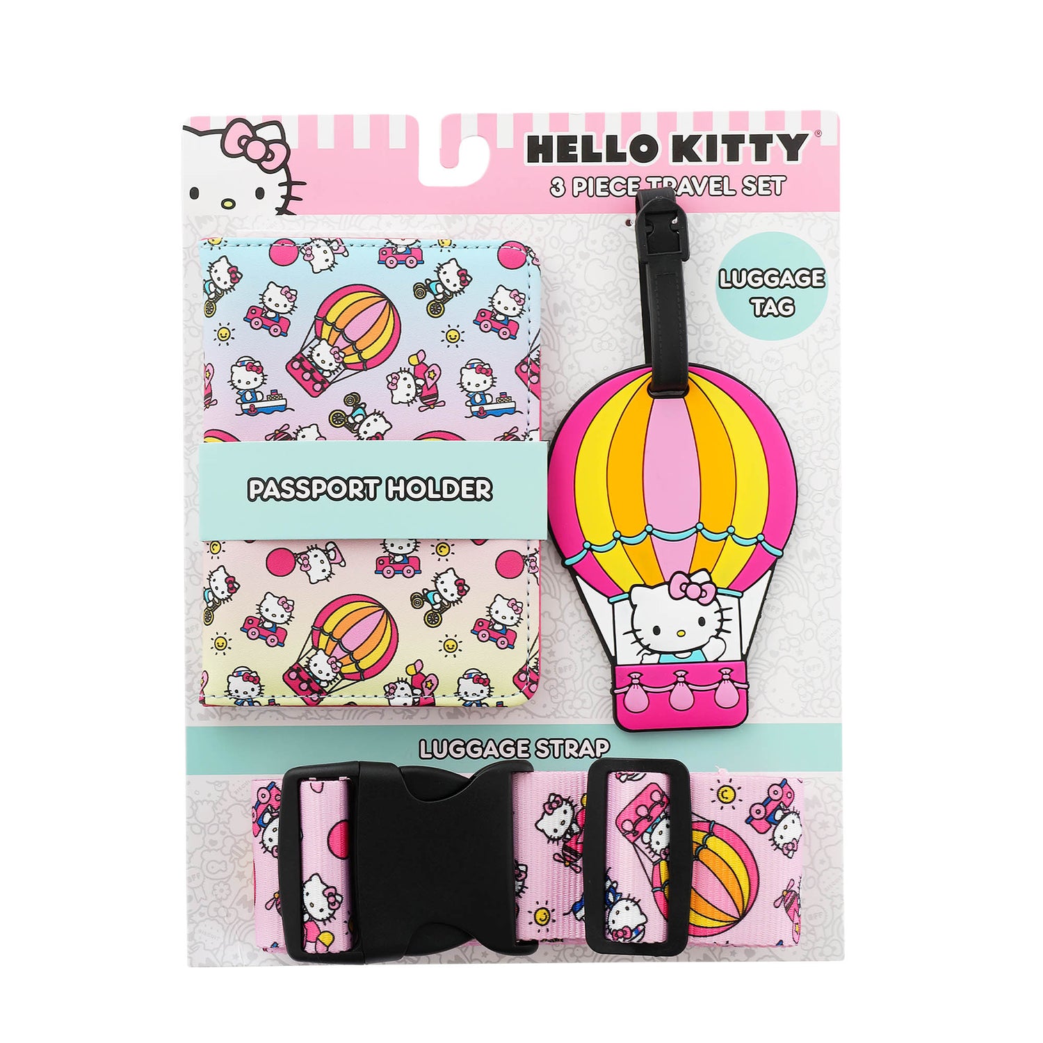 Hello Kitty Travel 3-Piece Set with Passport Holder, Bag Tag, and Luggage Strap, Sanrio Travel Accessories Official License