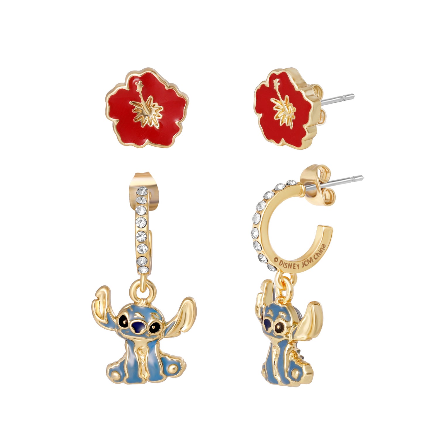 Disney Stitch Earrings 2-Pack, Hibiscus Studs and Stitch Charm Huggie Hoops