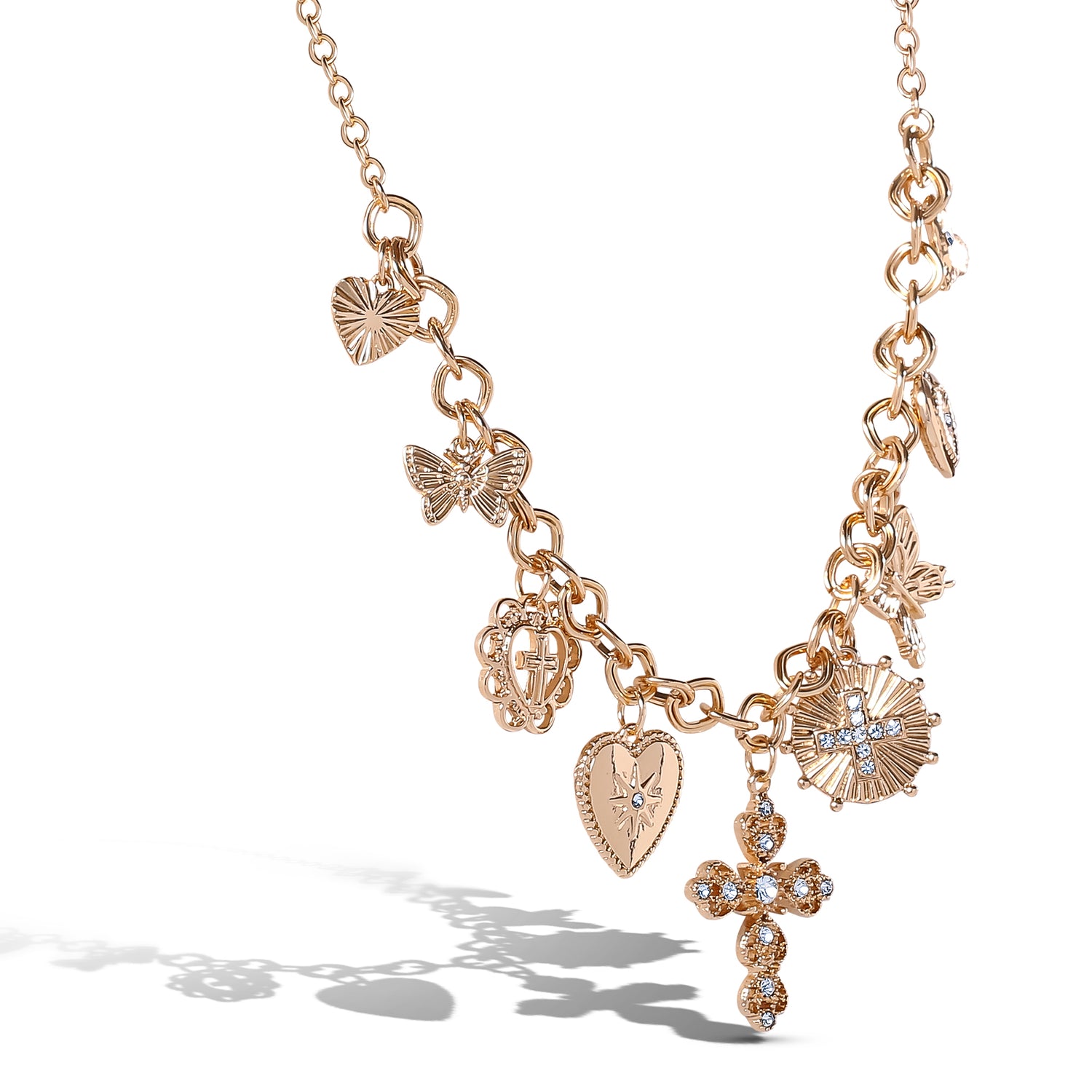 JS Jessica Simpson Gold Tone Textured Cross Heart Charm Necklace