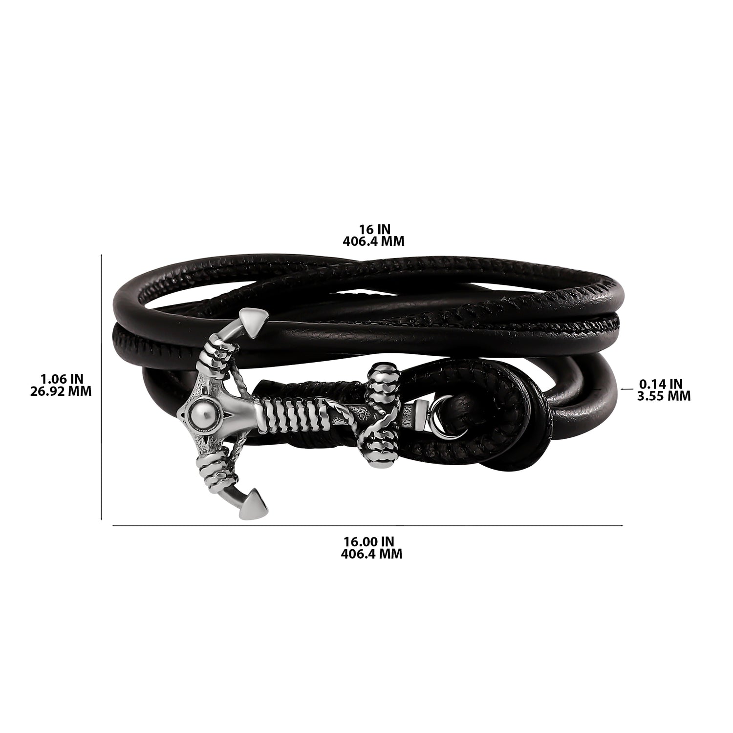 Lucky Brand Mens Black Anchor Wrap Bracelet with Adjustable Fit