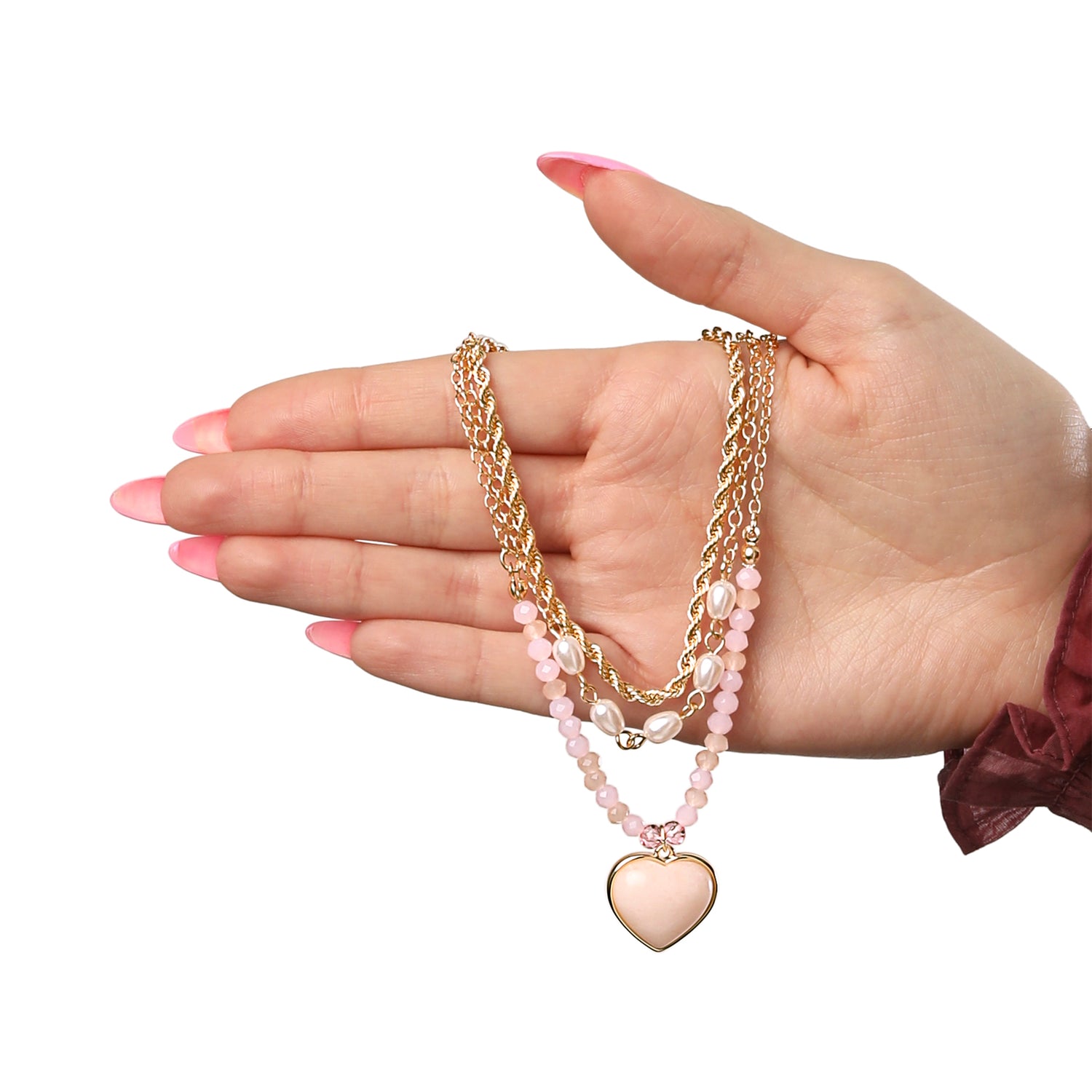 Celebrity Pink Heart Necklaces for Women 3-Piece Set Gold-Tone, Pink Beads