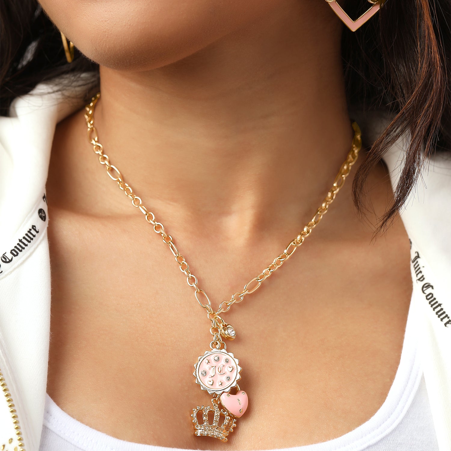 Juicy Couture Gold-Tone Layered Charm Necklace with Pink Enamel Accents